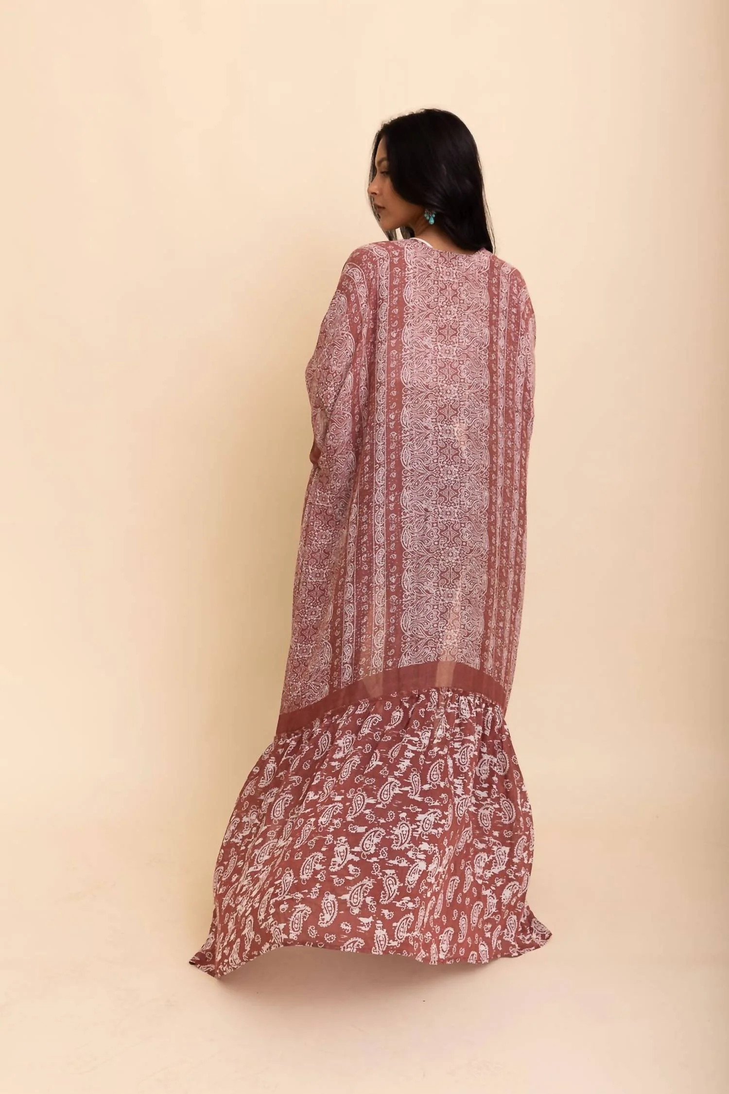 Long Paisley Flowy Kimono In Wine - Image 3