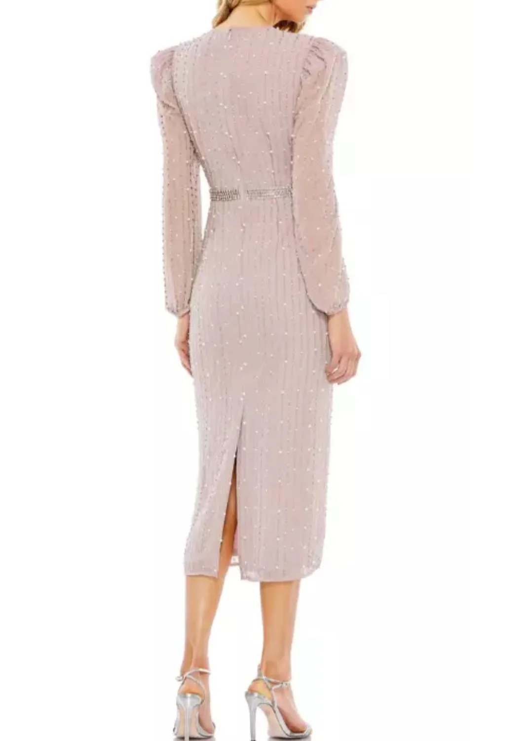 Long Puff Sleeve Beaded Midi Dress In Vintage Lilac - Image 2