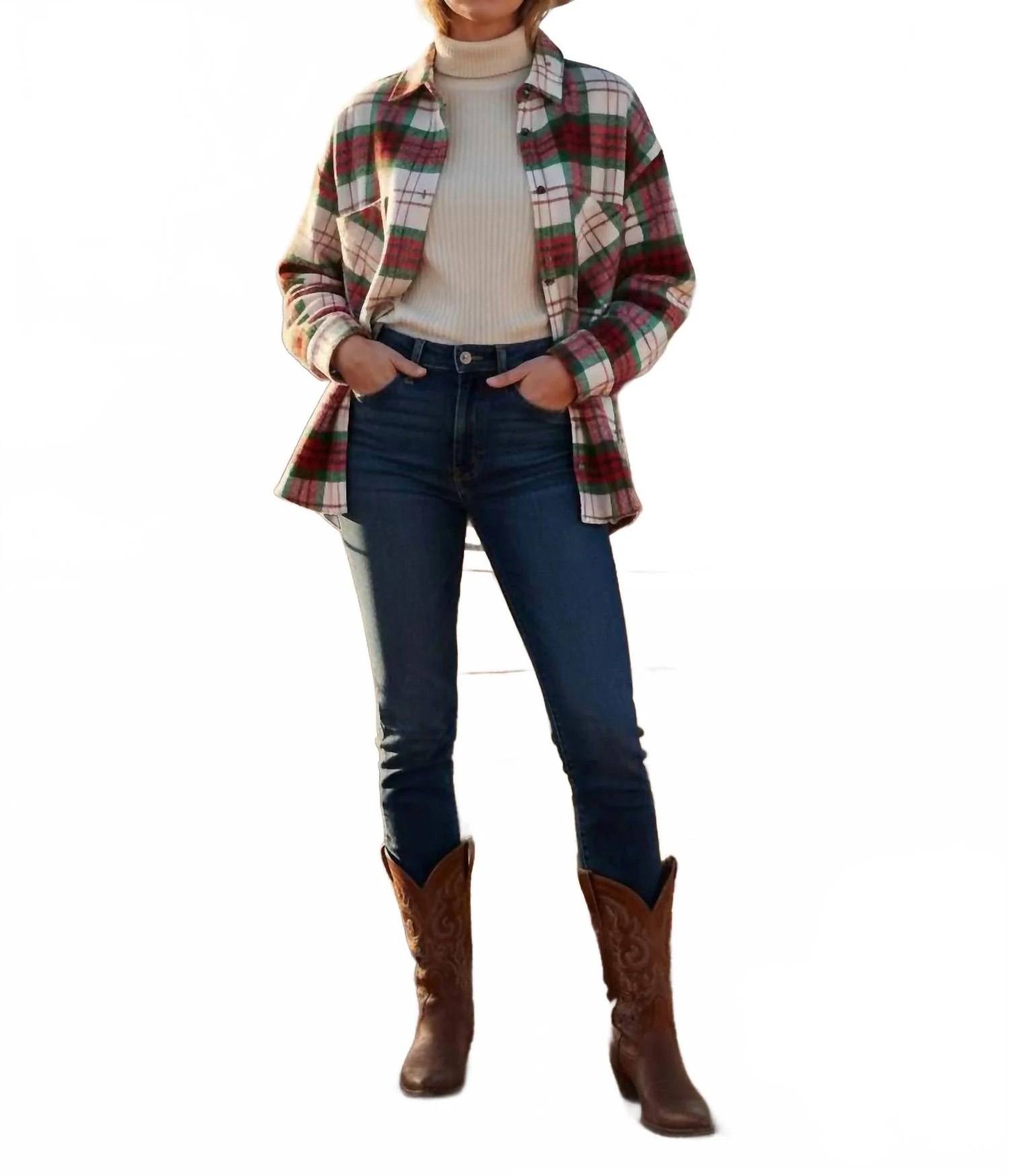 Long Sleeve Button Down Shacket With Front Pockets In Plaid Multi - Image 3