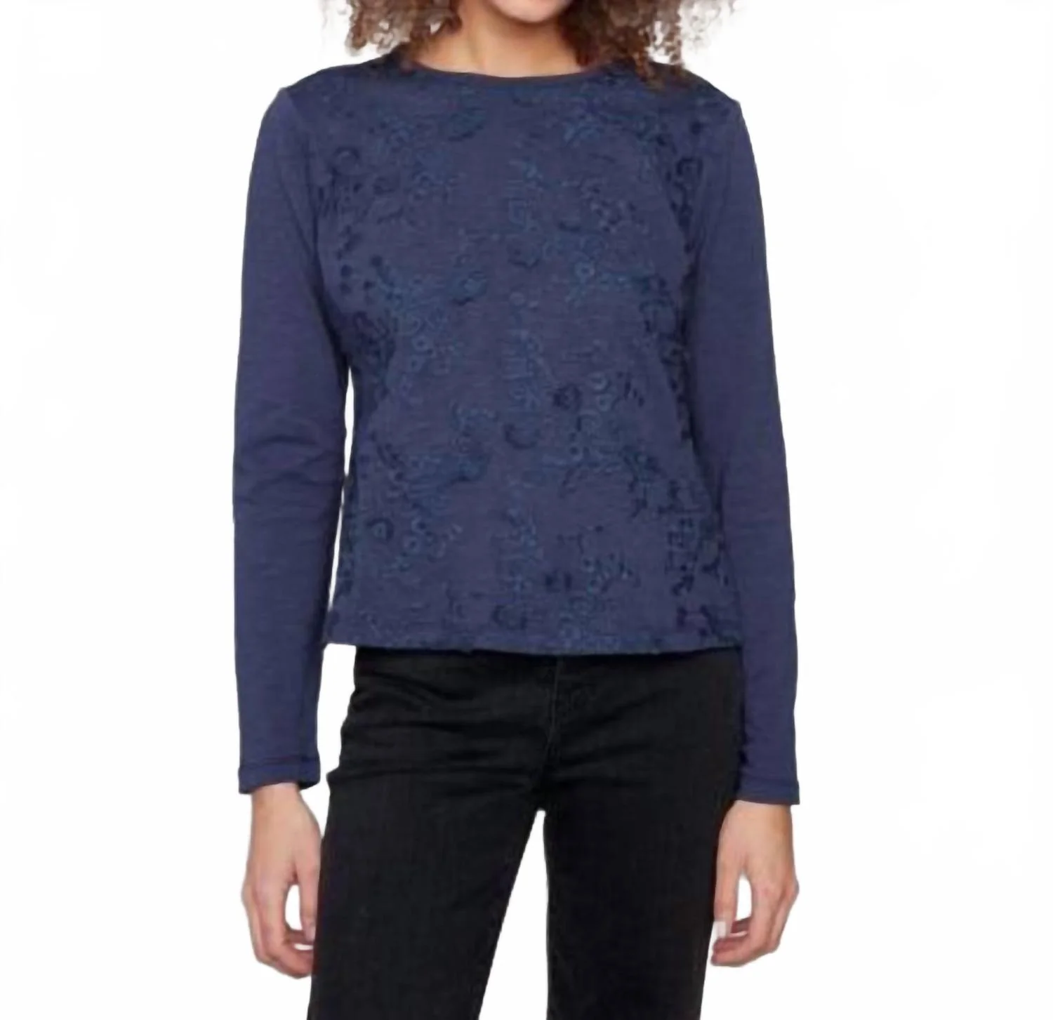 Long Sleeve Crew Neck Embroidered Jersey Top In Blue