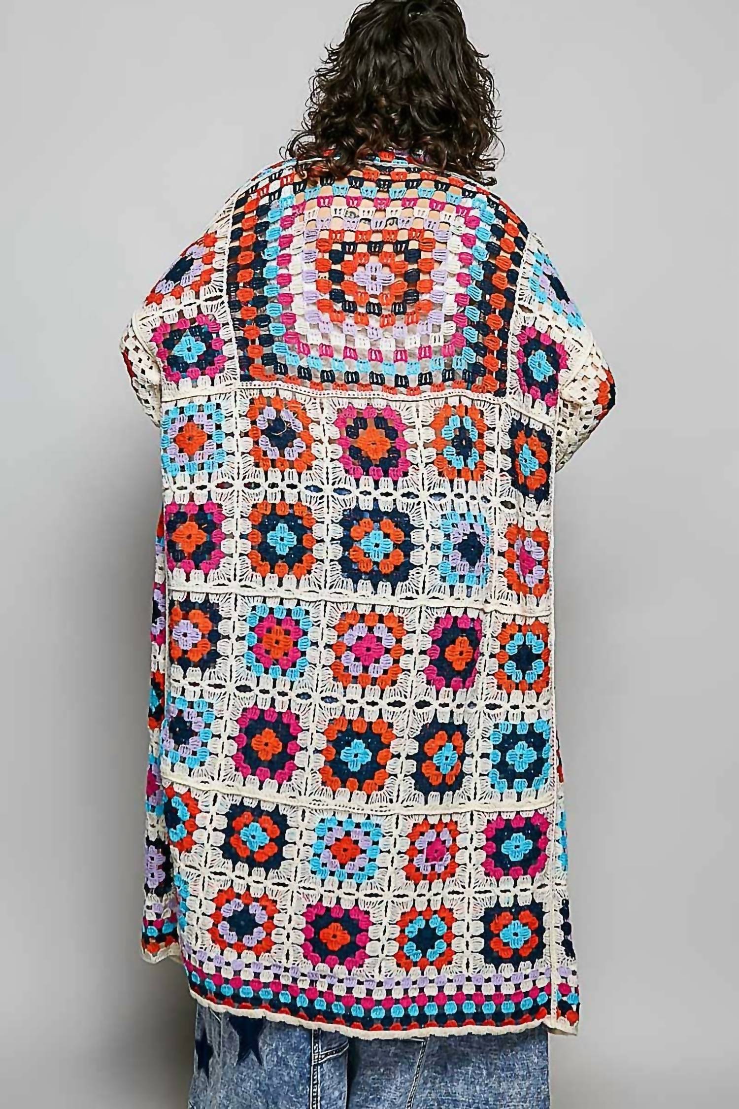 Long Sleeve Crochet Cardigan In Beige Multi - Image 2