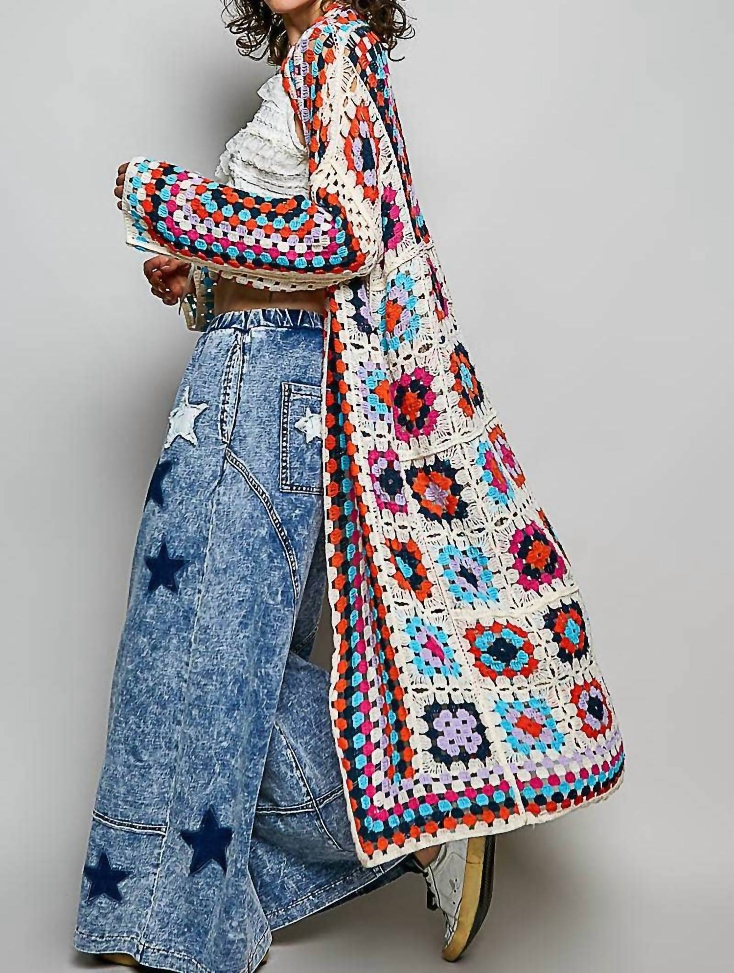 Long Sleeve Crochet Cardigan In Beige Multi - Image 3