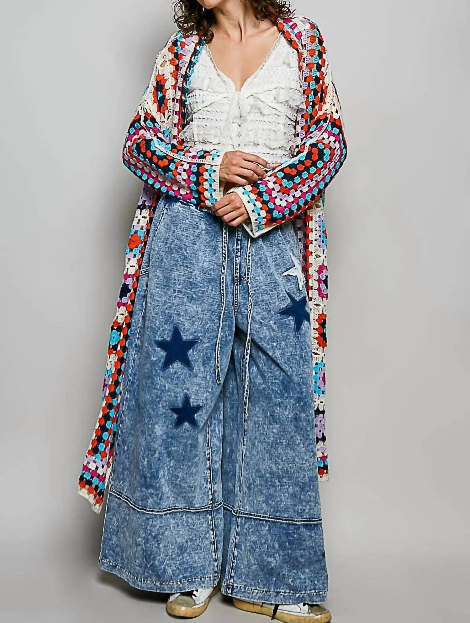 Long Sleeve Crochet Cardigan In Beige Multi - Image 4
