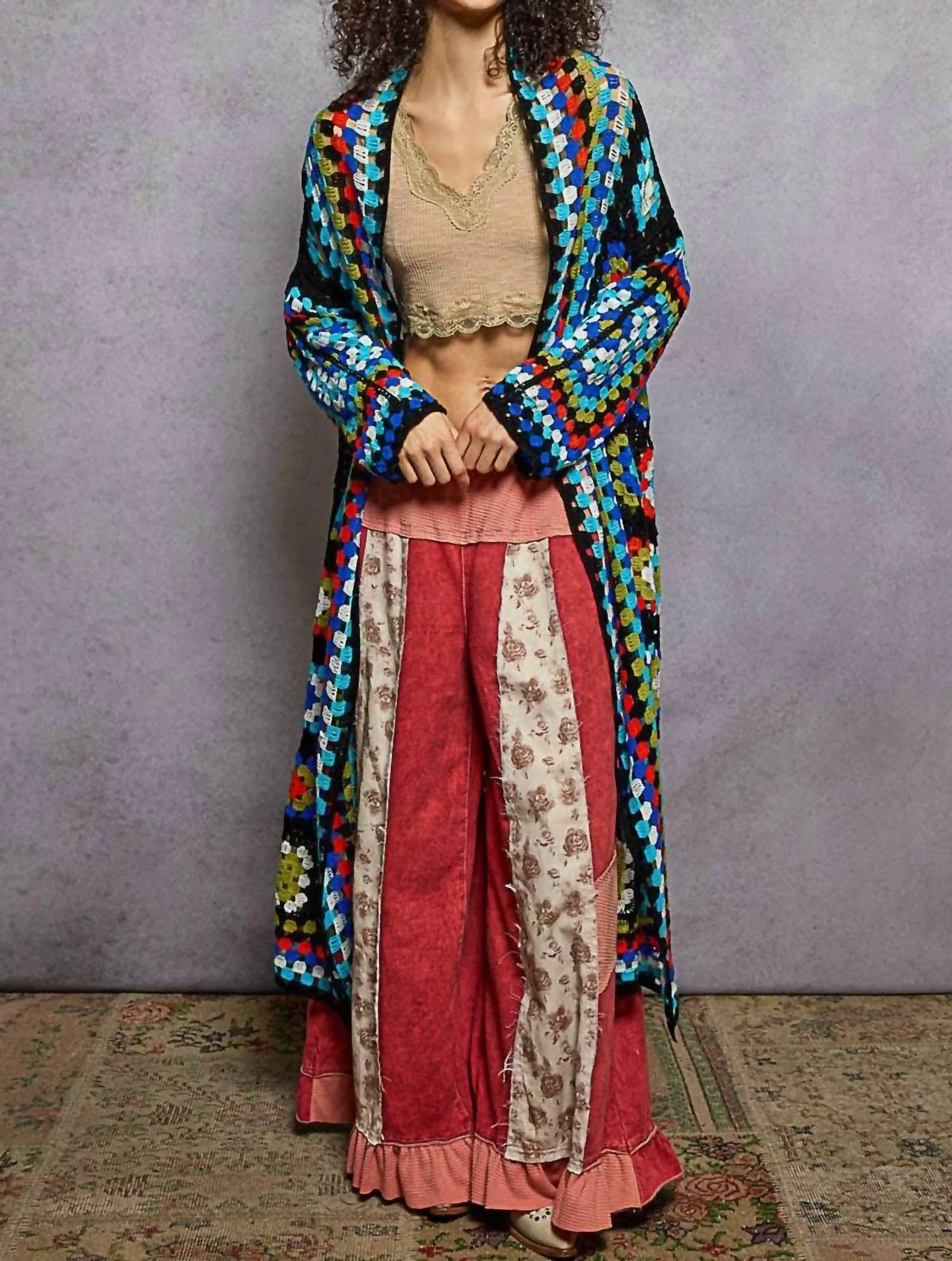 Long Sleeve Crochet Cardigan In Black Multi