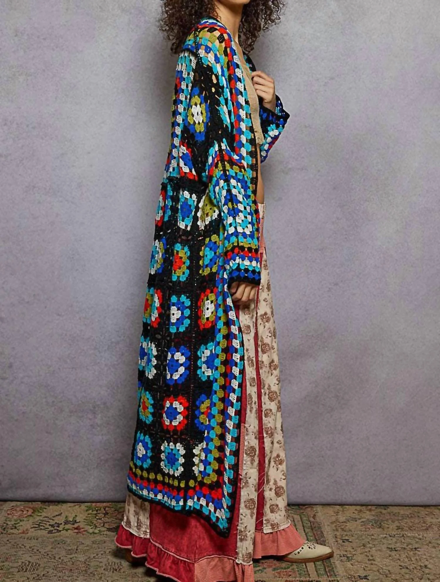 Long Sleeve Crochet Cardigan In Black Multi - Image 4