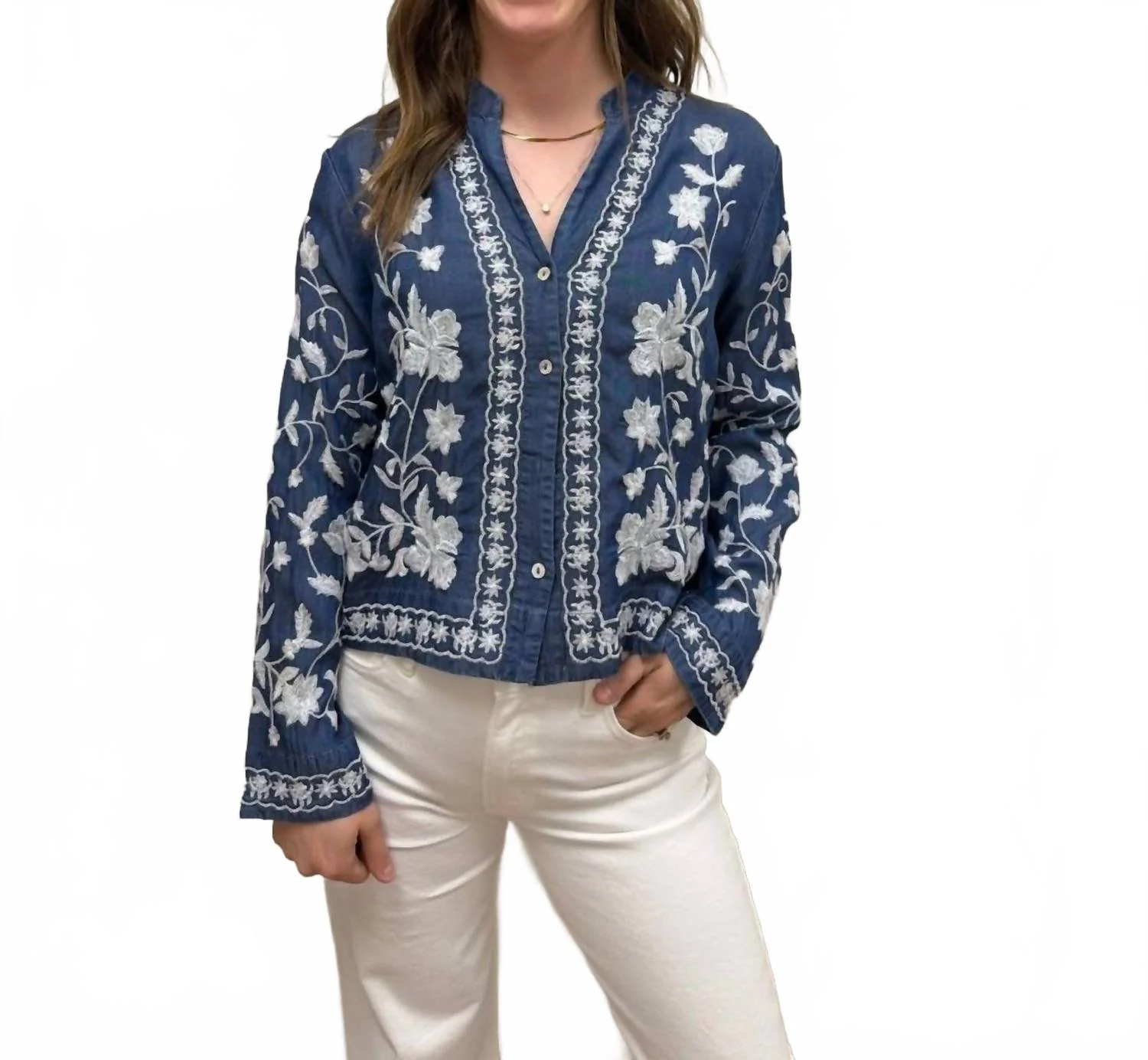 Long Sleeve Embroidered Button Down Top In Dark Denim