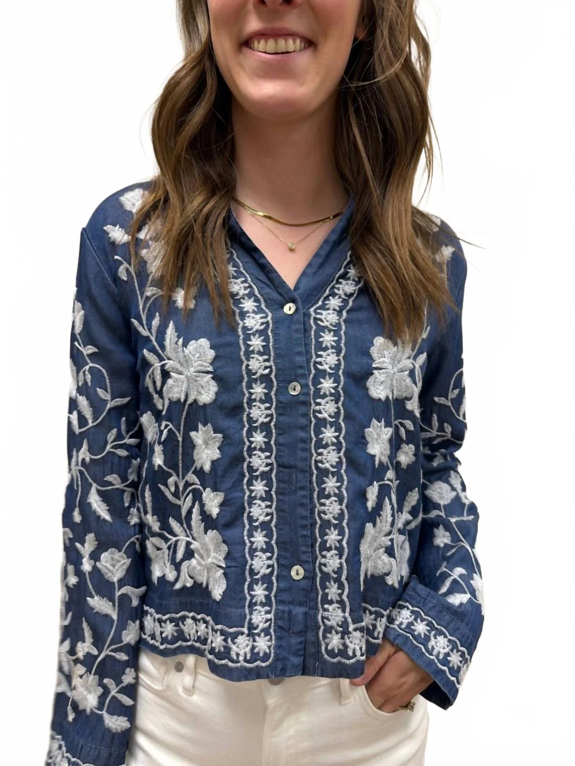 Long Sleeve Embroidered Button Down Top In Dark Denim - Image 5