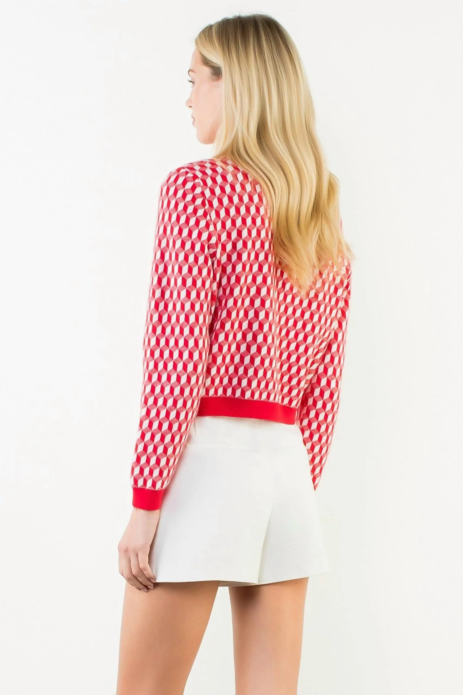Long Sleeve Geometric Print Cardigan In Red - Image 3