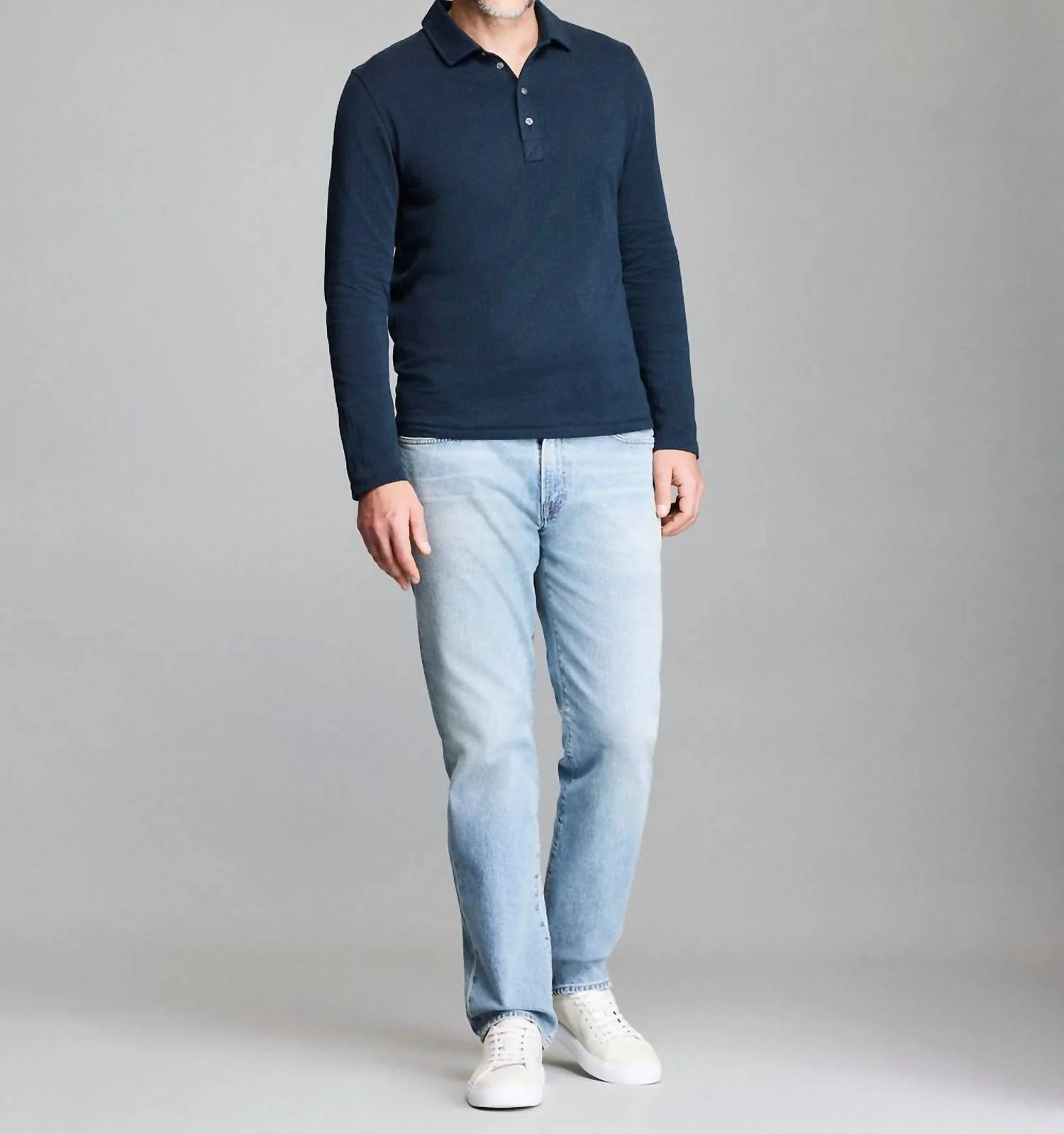 Long-Sleeve Herringbone Polo In Carbon Blue