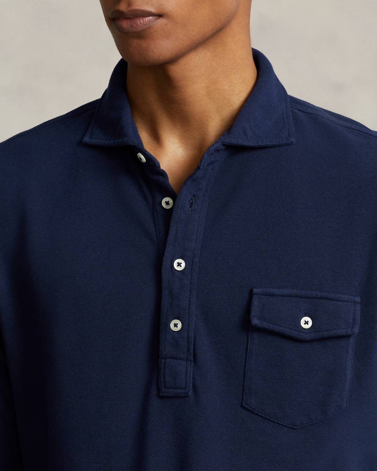 Long Sleeve Mesh Polo In Navy - Image 2