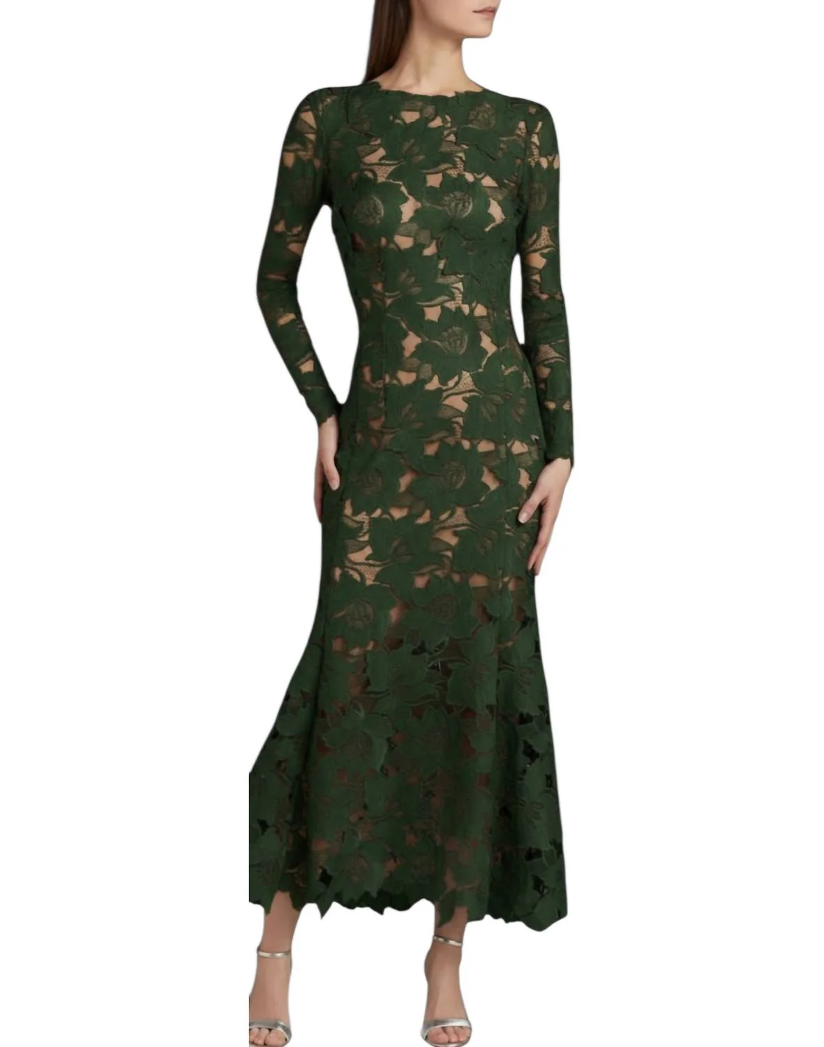 Long Sleeve Peony Guipure Cocktail Dress In Dark Moss - Image 2