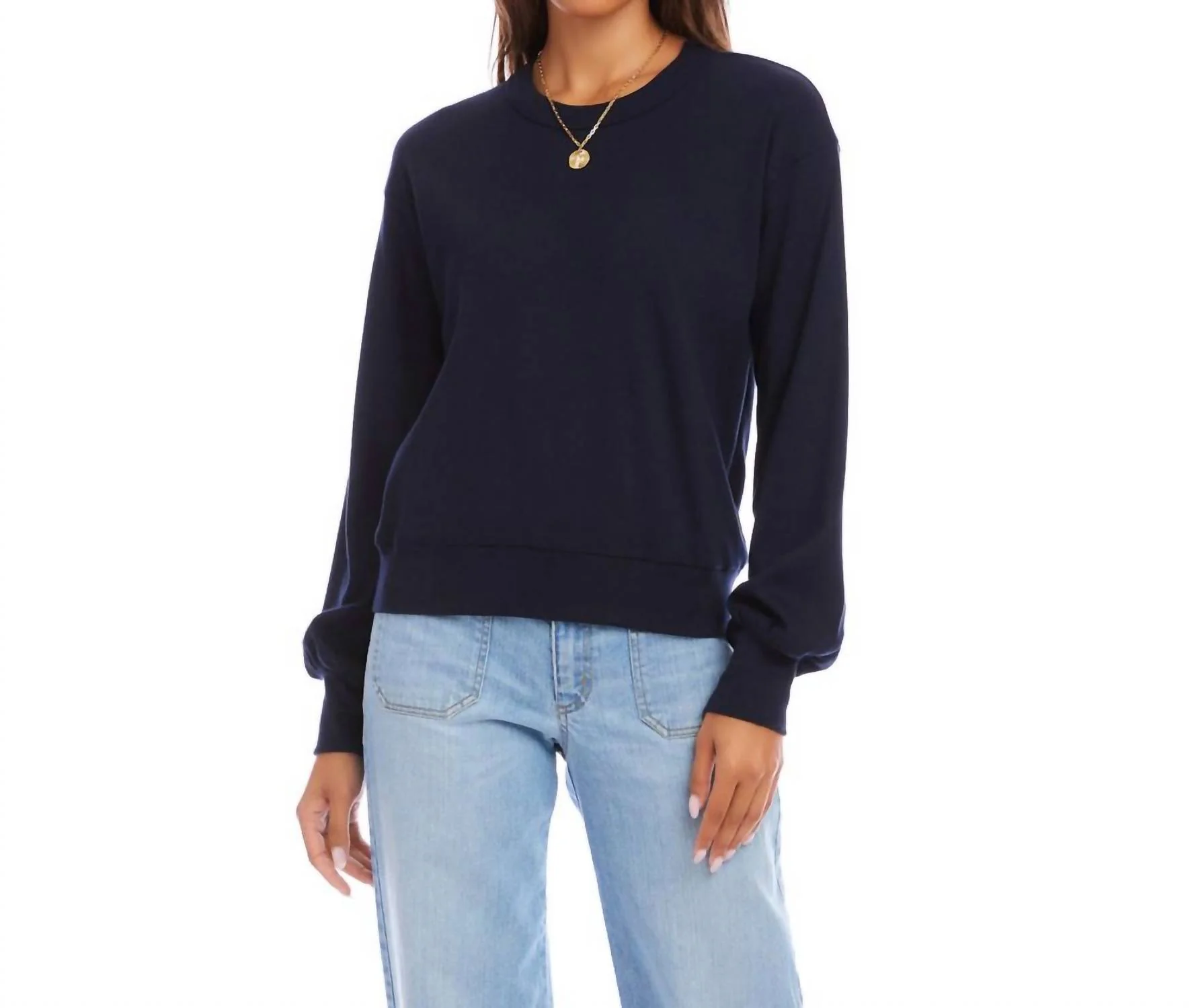 Long Sleeve Ribbed Top In Navy