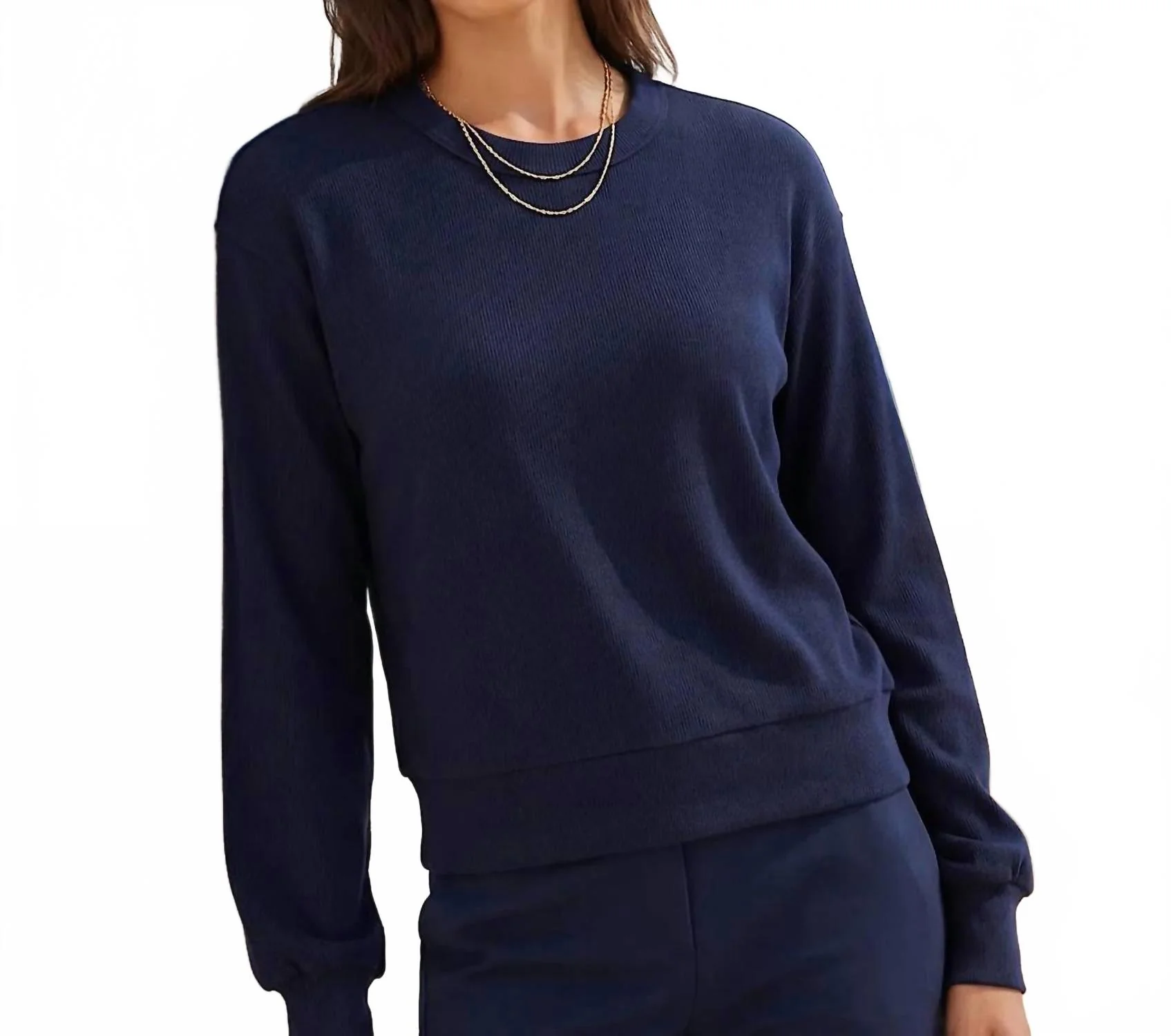 Long Sleeve Ribbed Top In Navy - Image 4