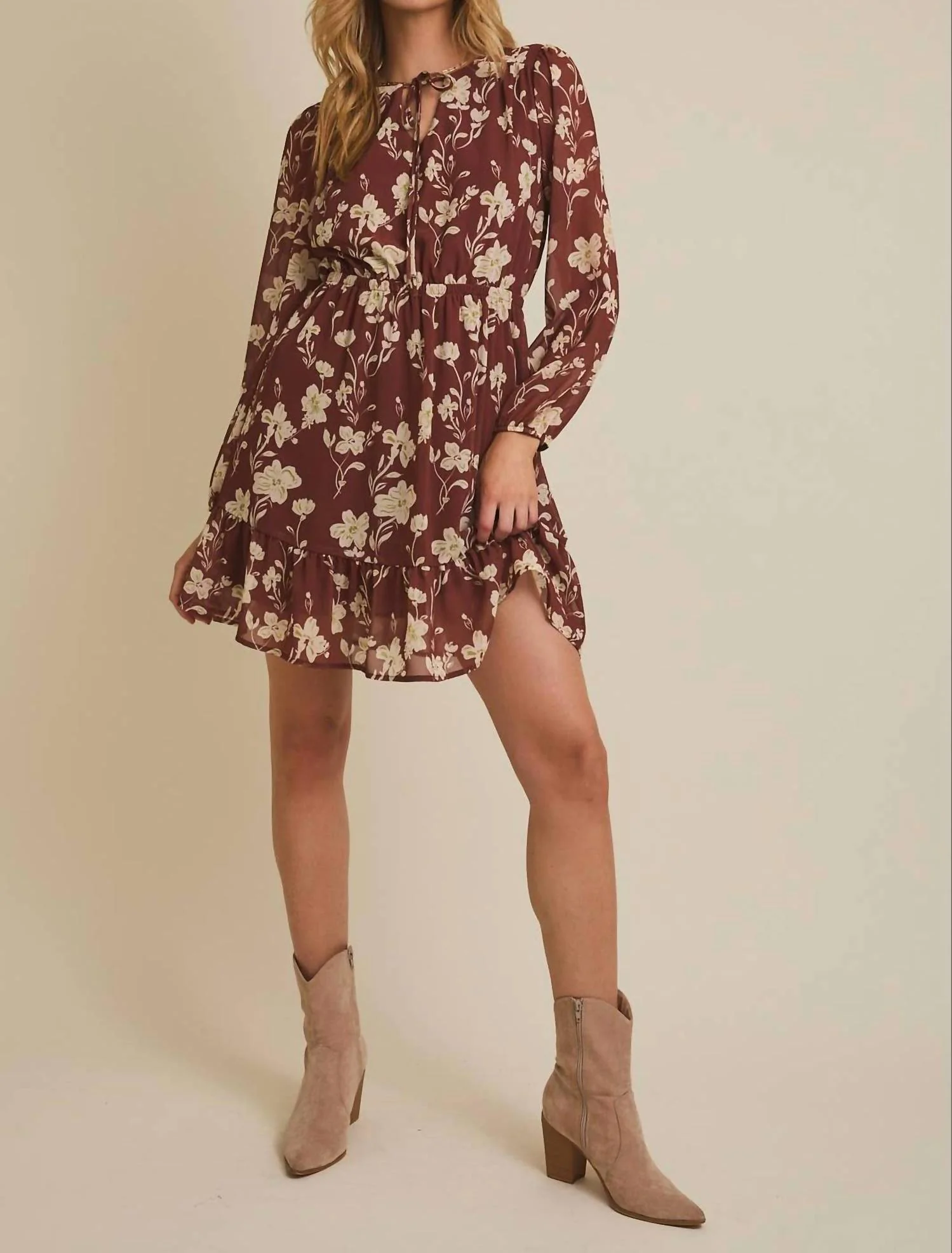 Long Sleeve Ruffle Mini Dress In Rust - Cream Floral