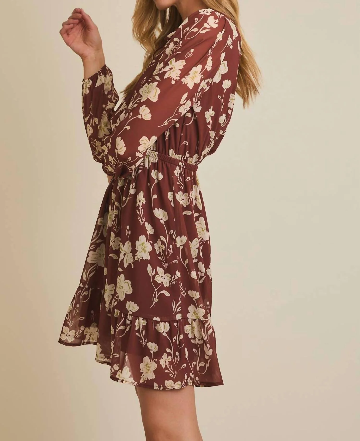 Long Sleeve Ruffle Mini Dress In Rust - Cream Floral - Image 3