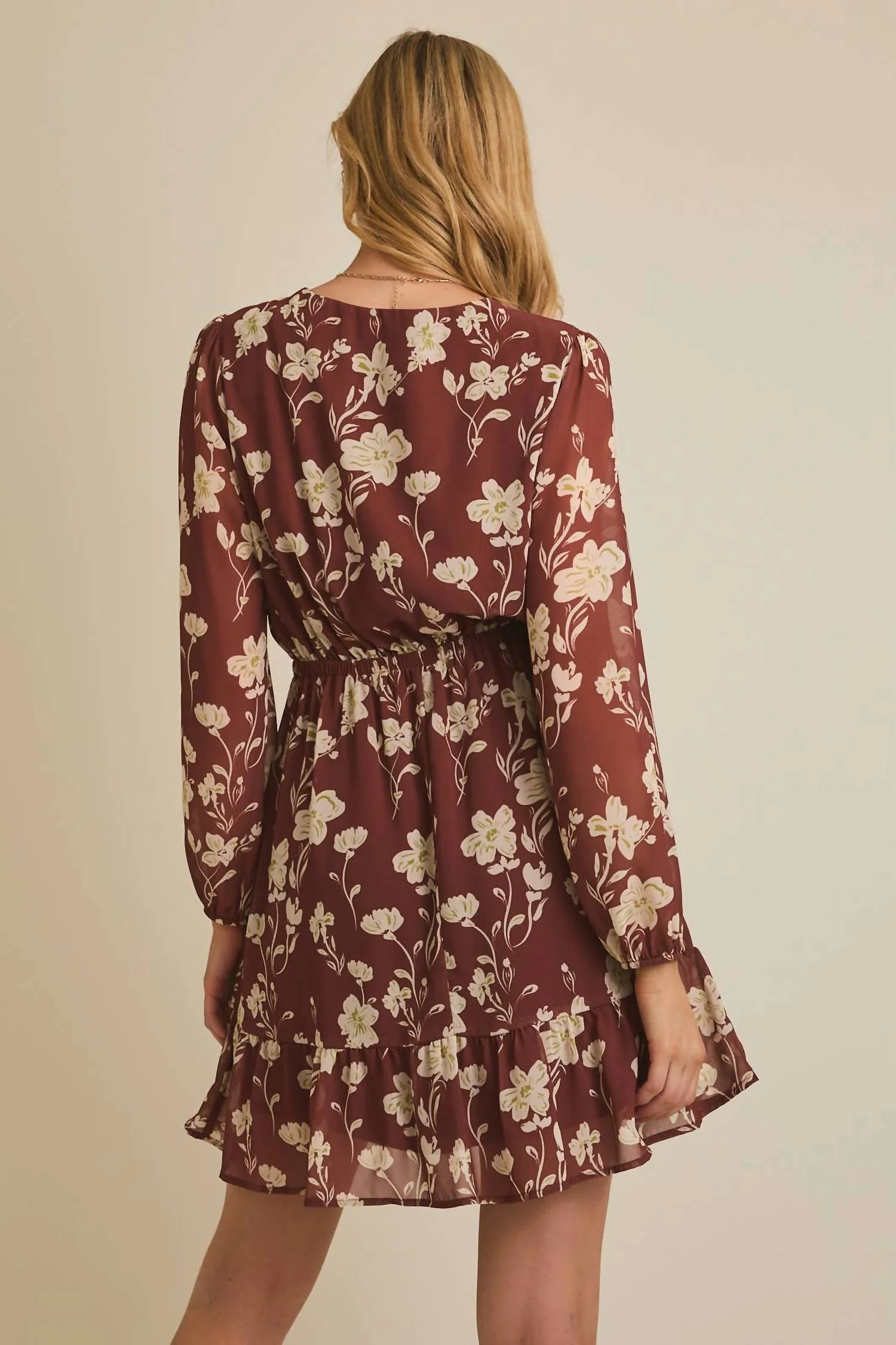 Long Sleeve Ruffle Mini Dress In Rust - Cream Floral - Image 4