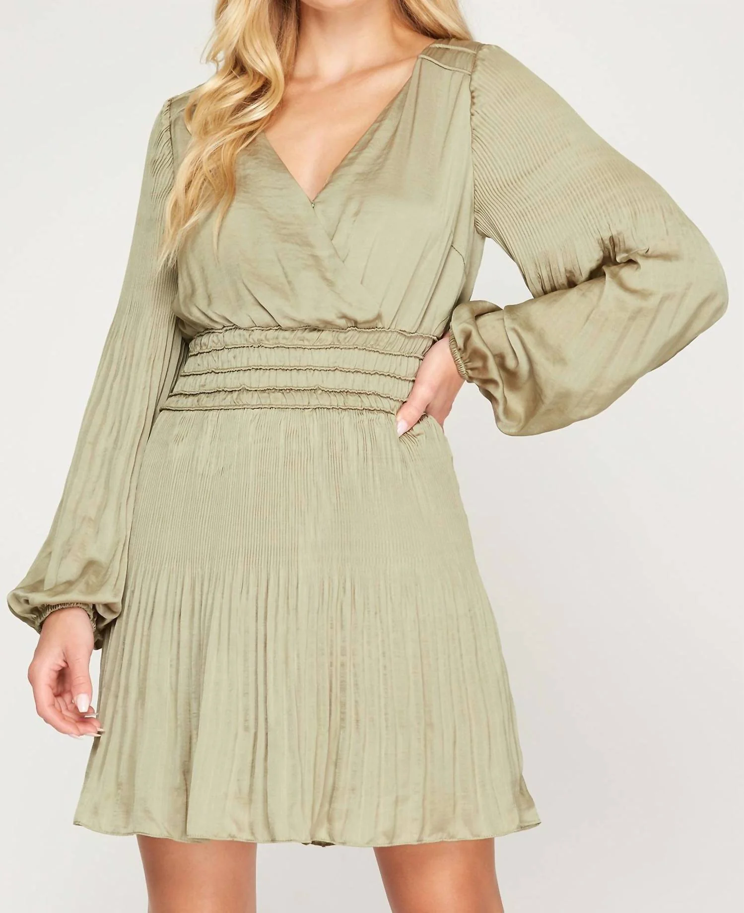 Long Sleeve Satin Dress In Olive
