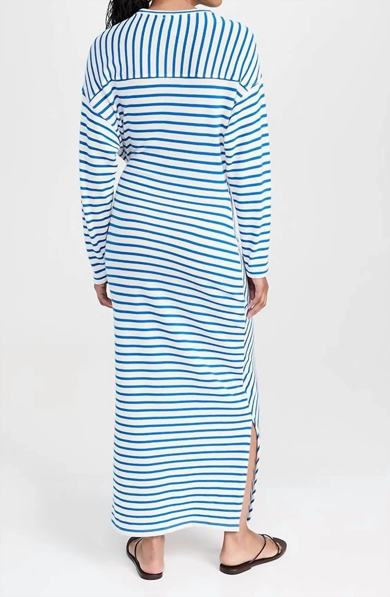 Long Sleeve Vanilla Cinched Maxi Dress In Cobalt And Cream Stripe - Image 4