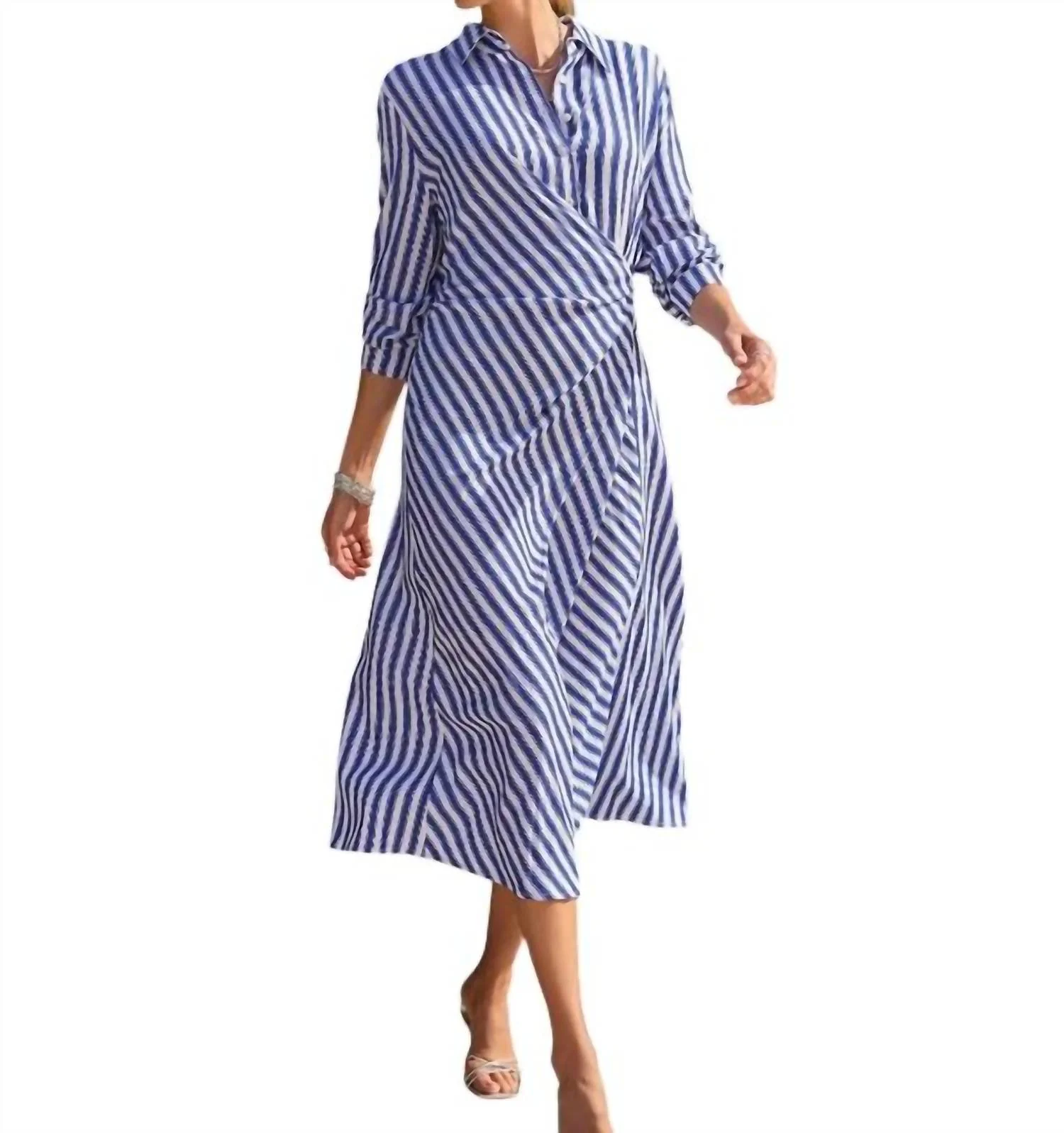 Long Sleeve Waist Wrap Dress In Blue