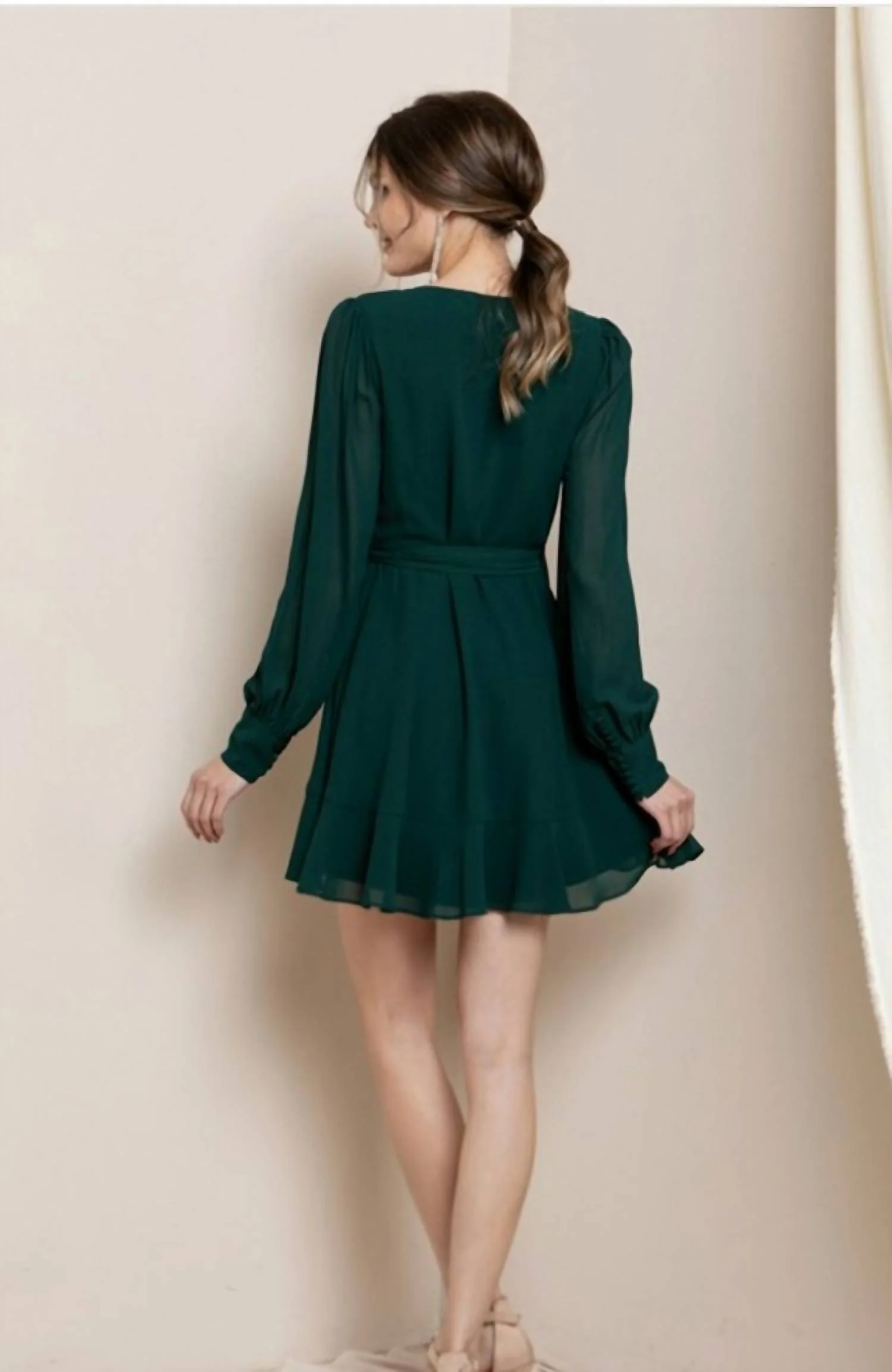Long Sleeve Wrap Dress In Emerald - Image 2