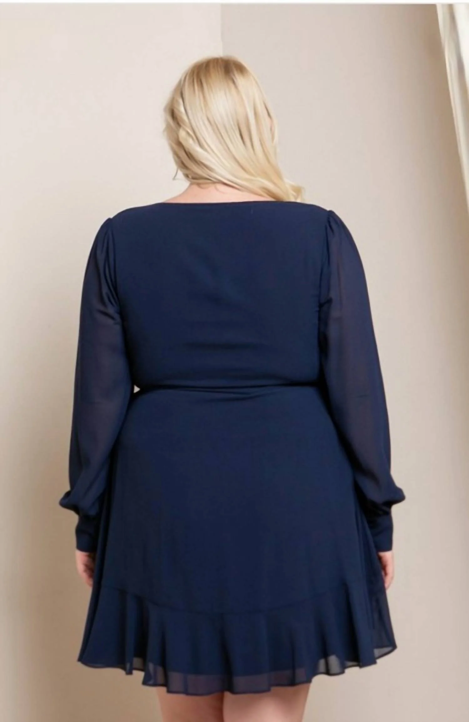 Long Sleeve Wrap Dress In Navy - Image 3