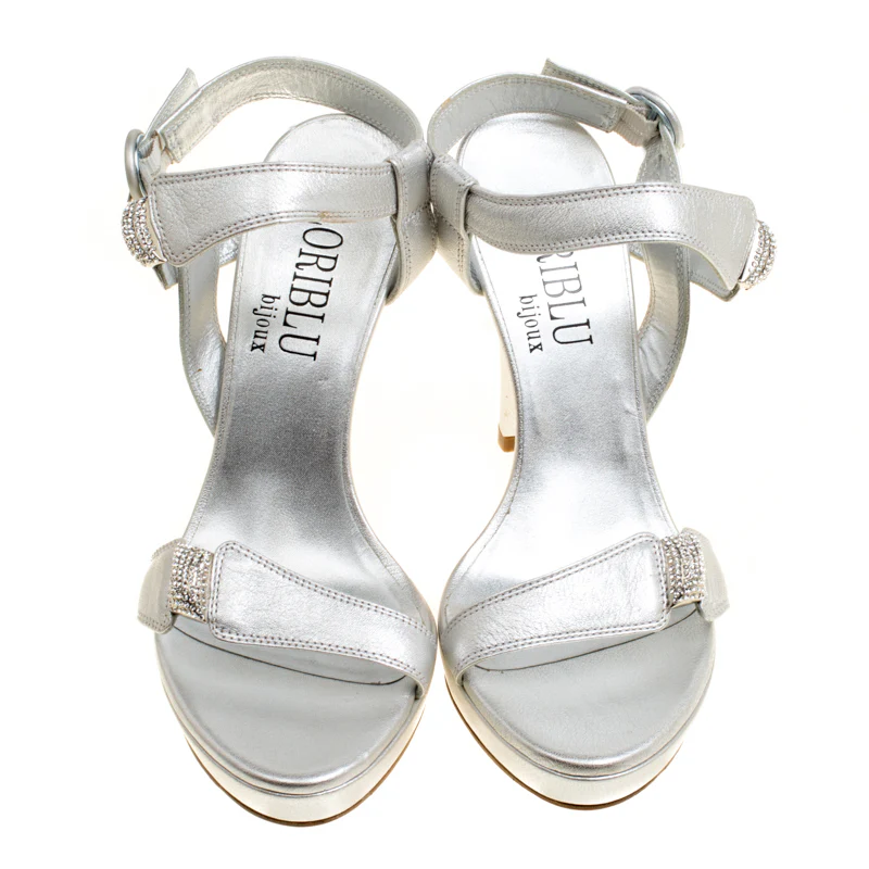 Loriblu Bijoux Metallic Silver Leather Crystal Embellished Platform Sandals - Image 3