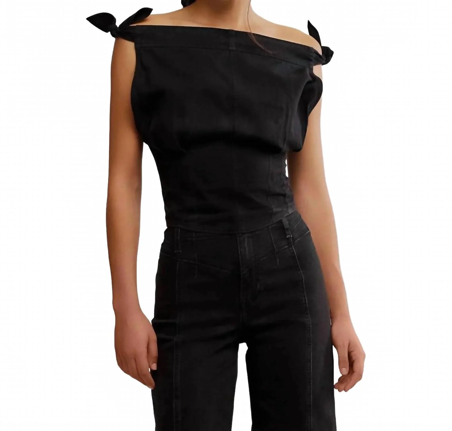 Louie Cotton Denim Tie-Shoulder Top In Black - Image 3