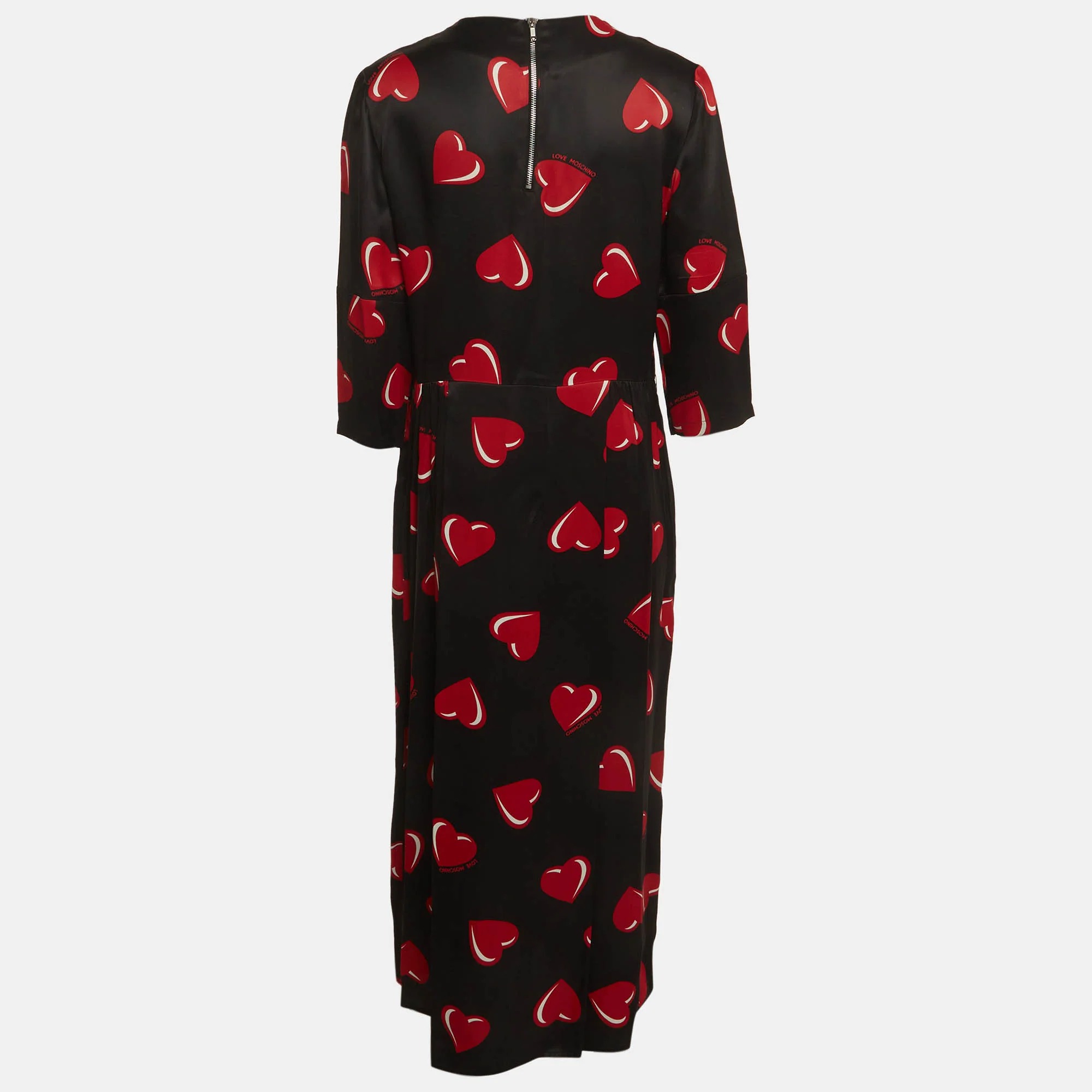 Love Moschino Black Heart Print Satin Flared Midi Dress - Image 3