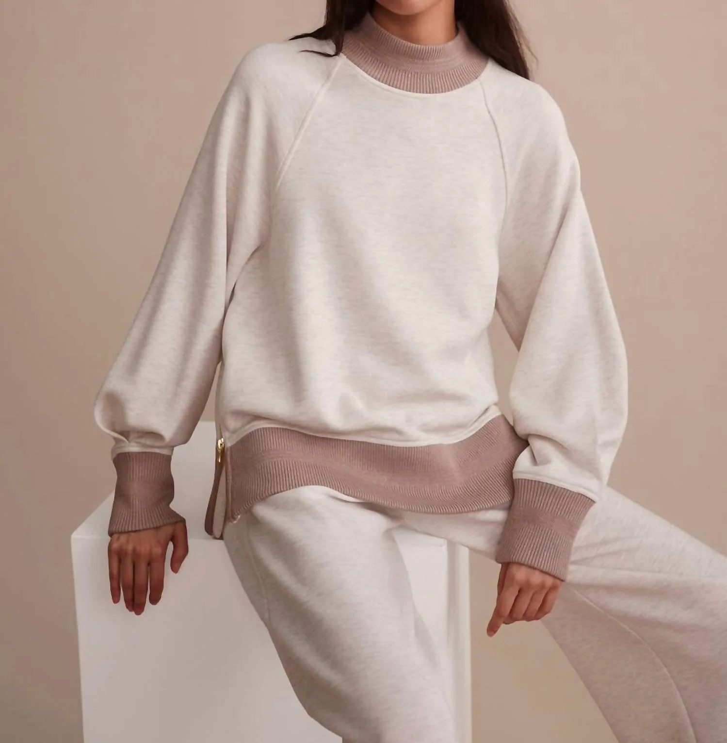Loxley Raglan Boyfriend Sweater In Ivory/taupe - Image 2