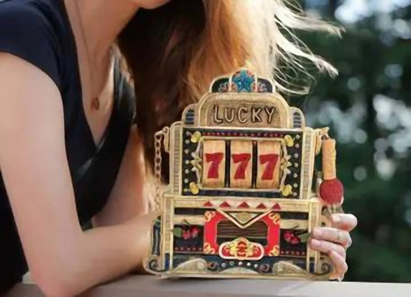 Lucky 7 Beaded & Embellished Slot Machine Handbag In Red, Gold, Black & Silver - Image 2