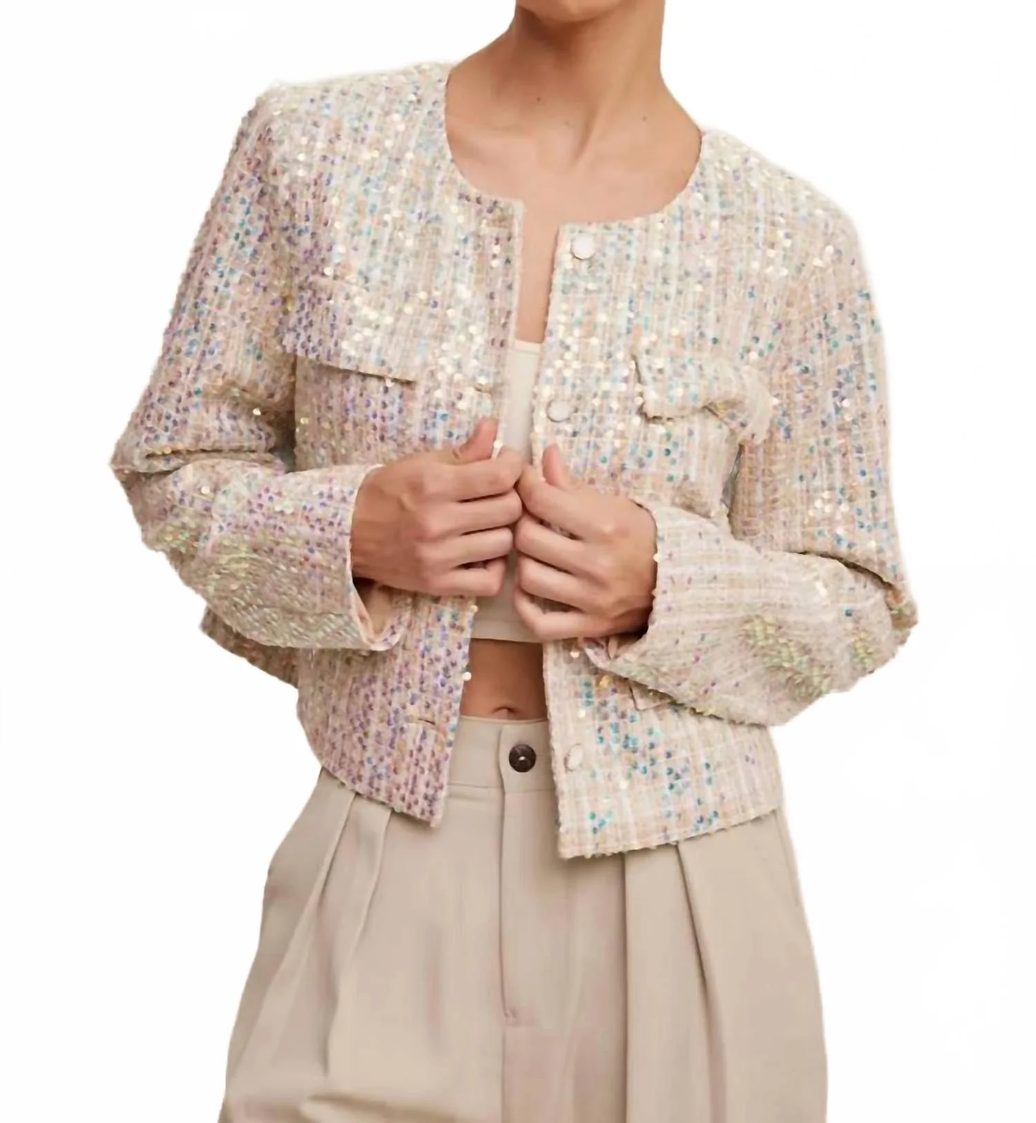 Luxe Lights Sequin Cropped Tweed Jacket In Beige