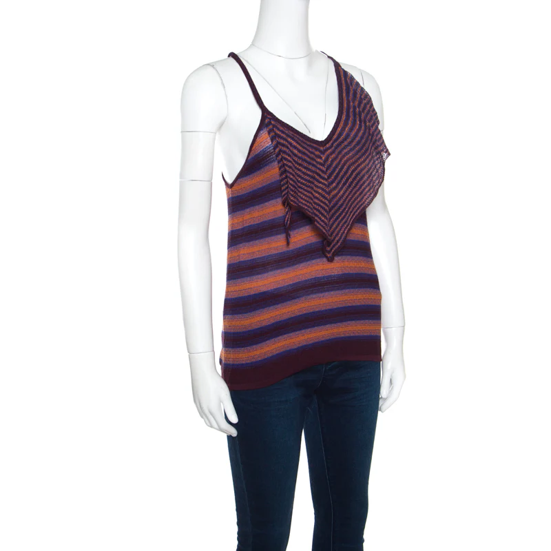 M Missoni Brown And Blue Striped Knit Tie Detail Racer Back Top - Image 2