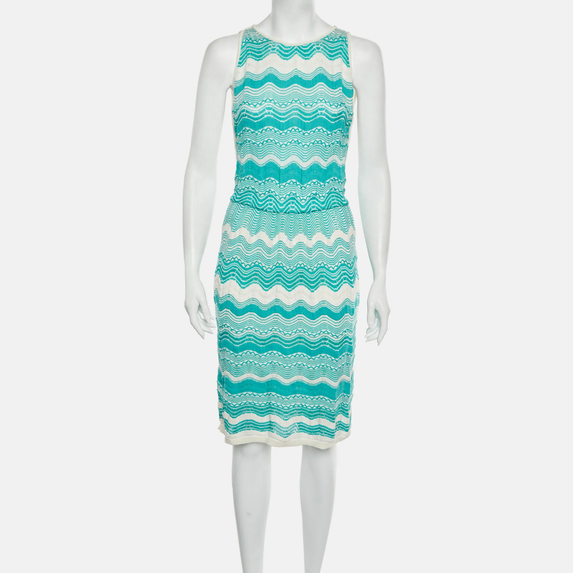M Missoni White/turquoise Zig Zag Knit Sleeveless Midi Dress - Image 2