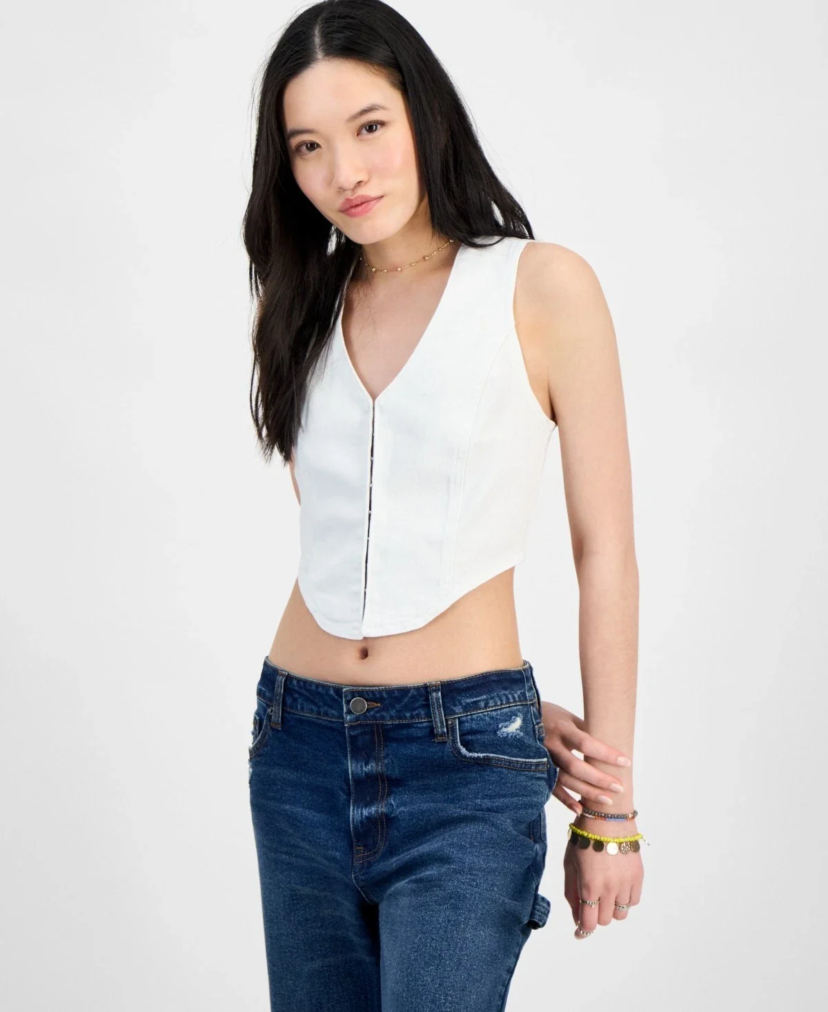 Madden Girl Corset Top Women's White Denim Hook Front Sleeveless V-Neck PAL47