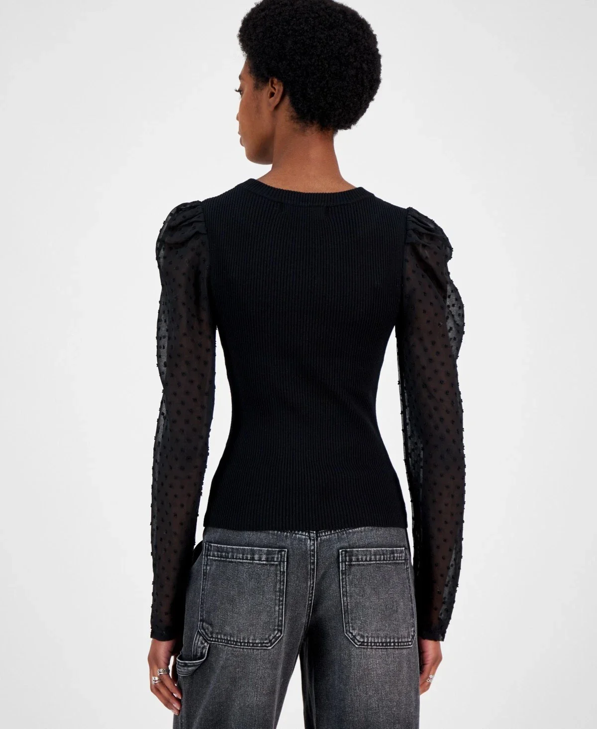 Madden Girl Sweater Women's Black Swiss Dot Ribbed Sheer Long Sleeve PAL137 - Image 2