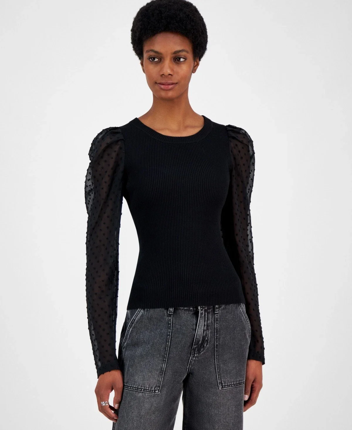 Madden Girl Sweater Women's Black Swiss Dot Ribbed Sheer Long Sleeve PAL137 - Image 5