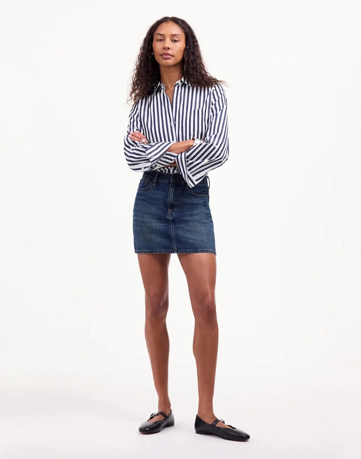 Madewell Easy Y-Neck Shirt Women's Dark Midnight Striped Button-Up GBO1935 - Image 2