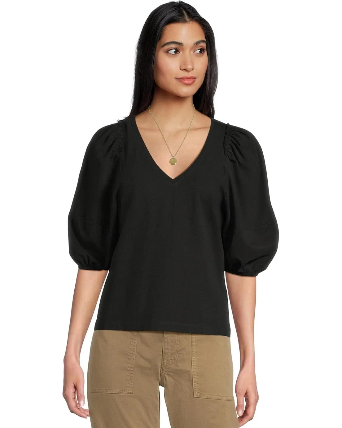 Madewell T-Shirt Women's Black 100% Cotton Puff Sleeve V-Neck Blouse DDR2118