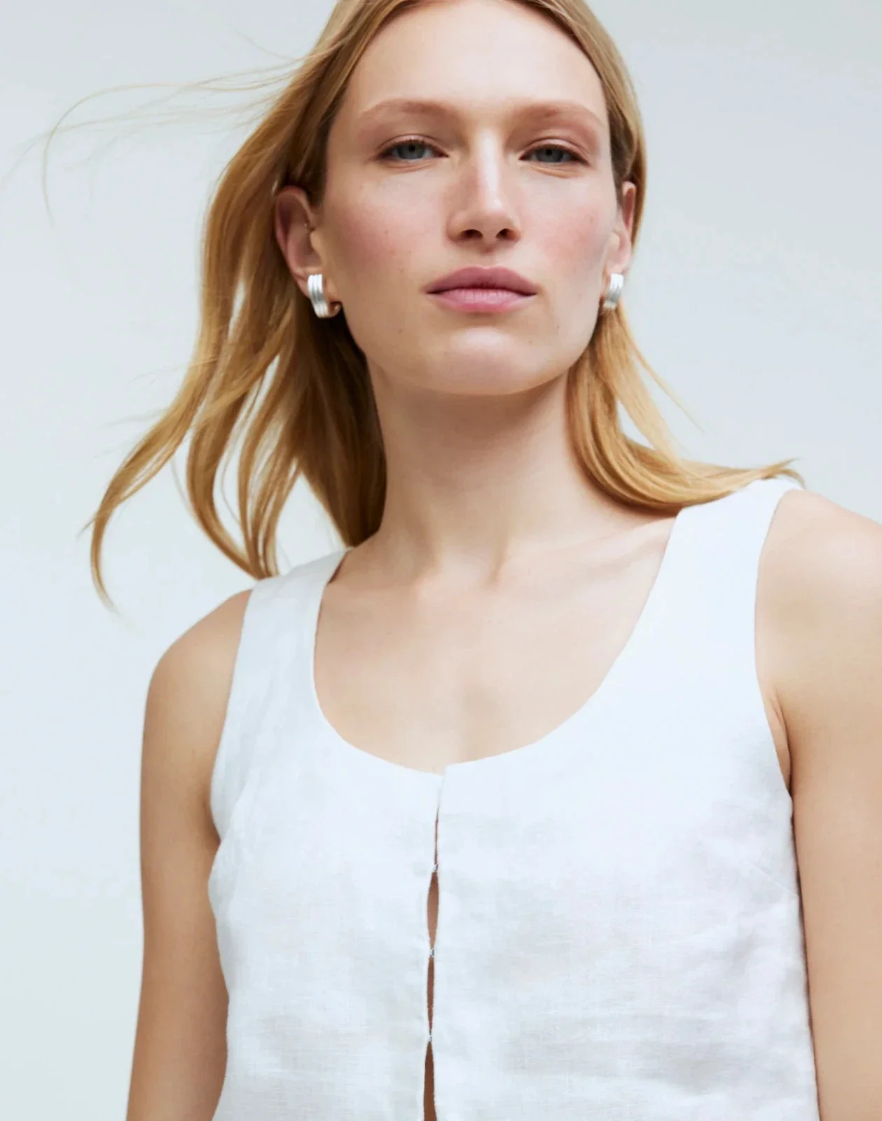 Madewell Tank Top Women's White 100% Linen Scoop Neck Cropped Casual GBO2212 - Image 5