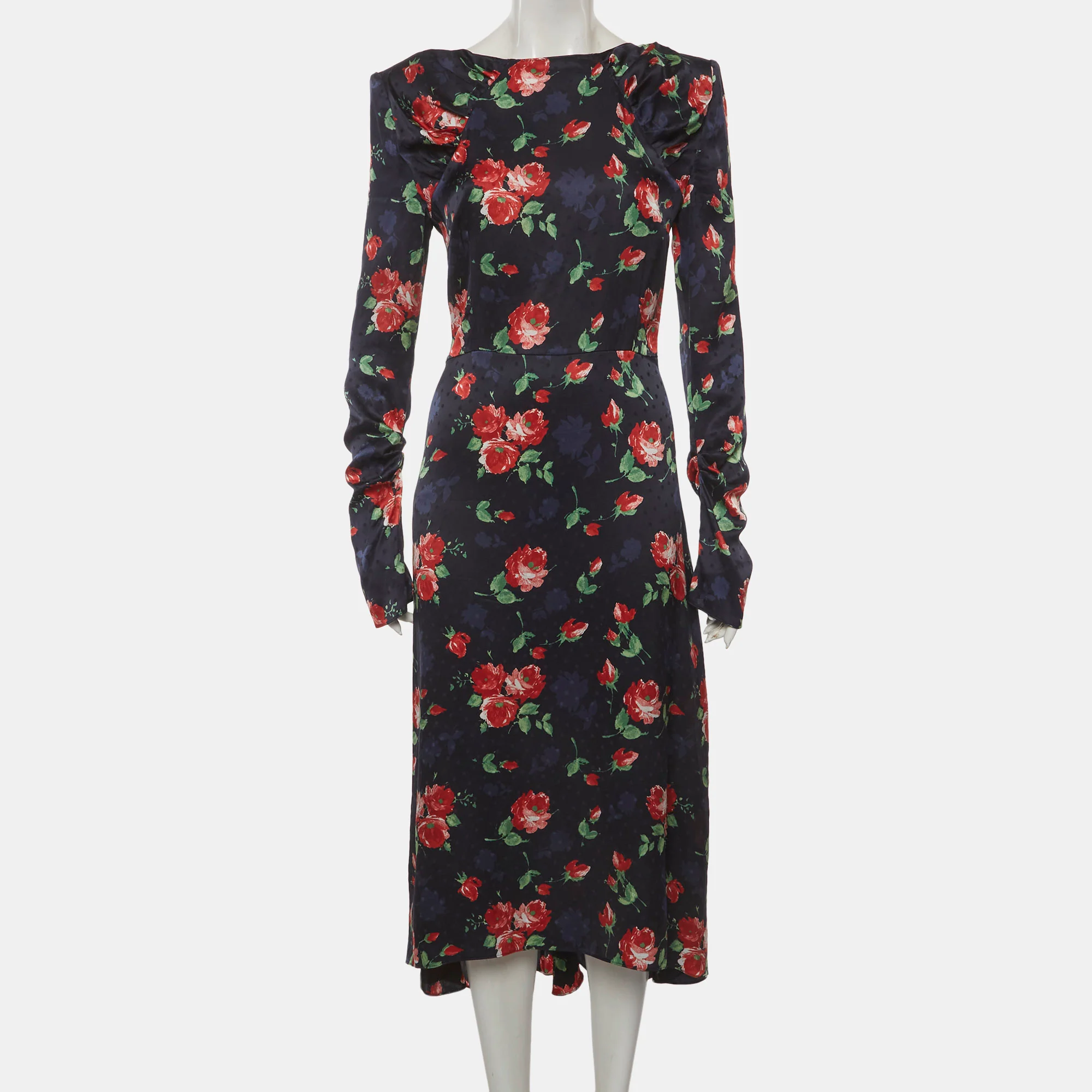 Magda Butrym Navy Blue Floral Print Satin Jacquard Midi Dress - Image 2