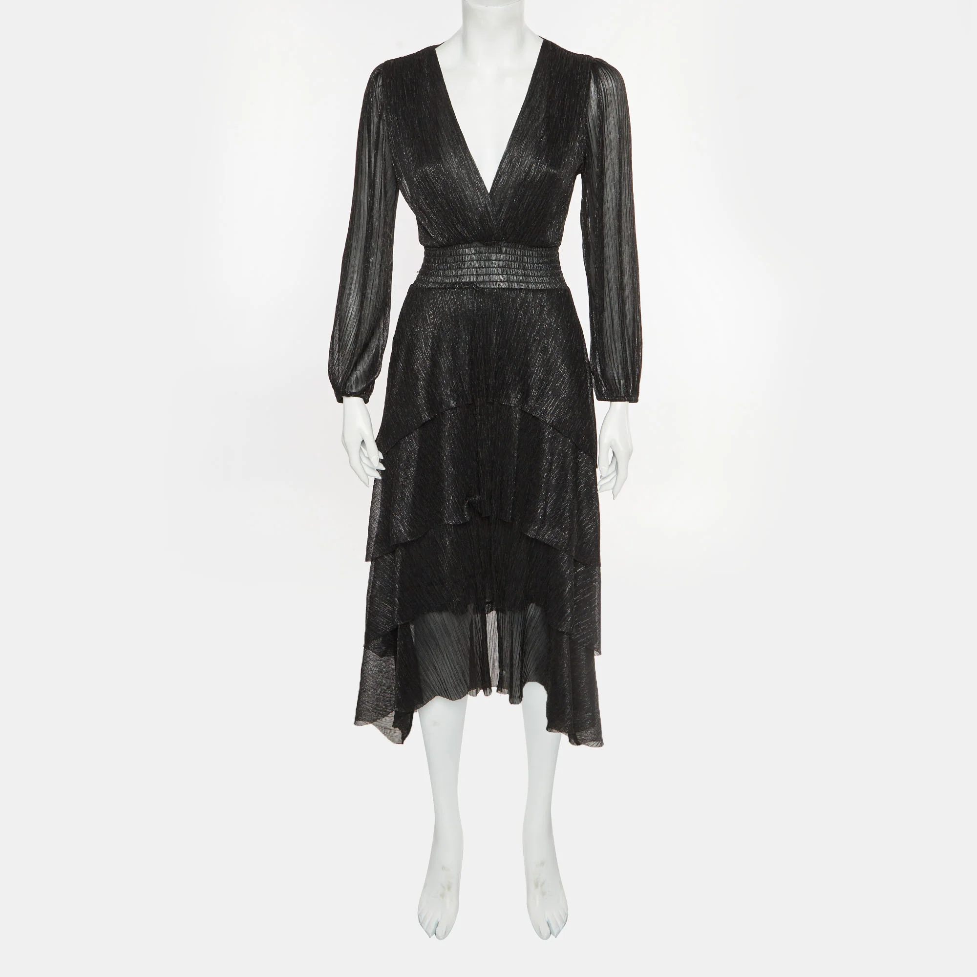 Maje Black Metallic Asymmetric Tiered Midi Dress - Image 2