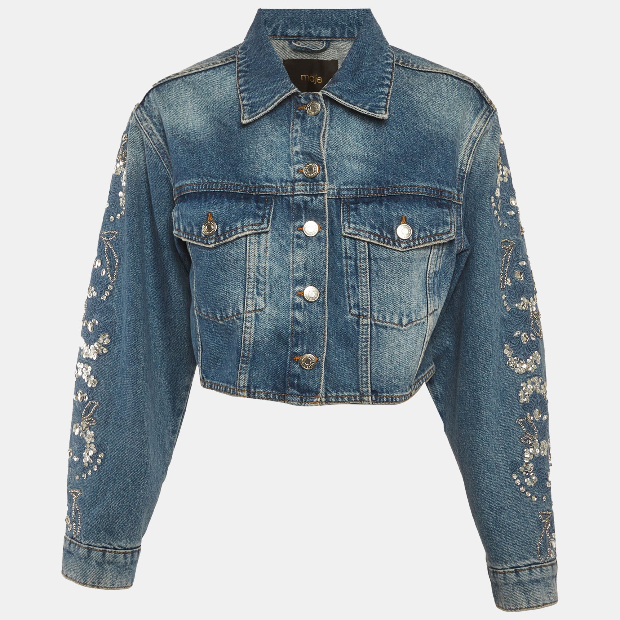 Maje Blue Denim Embellished Cropped Jacket