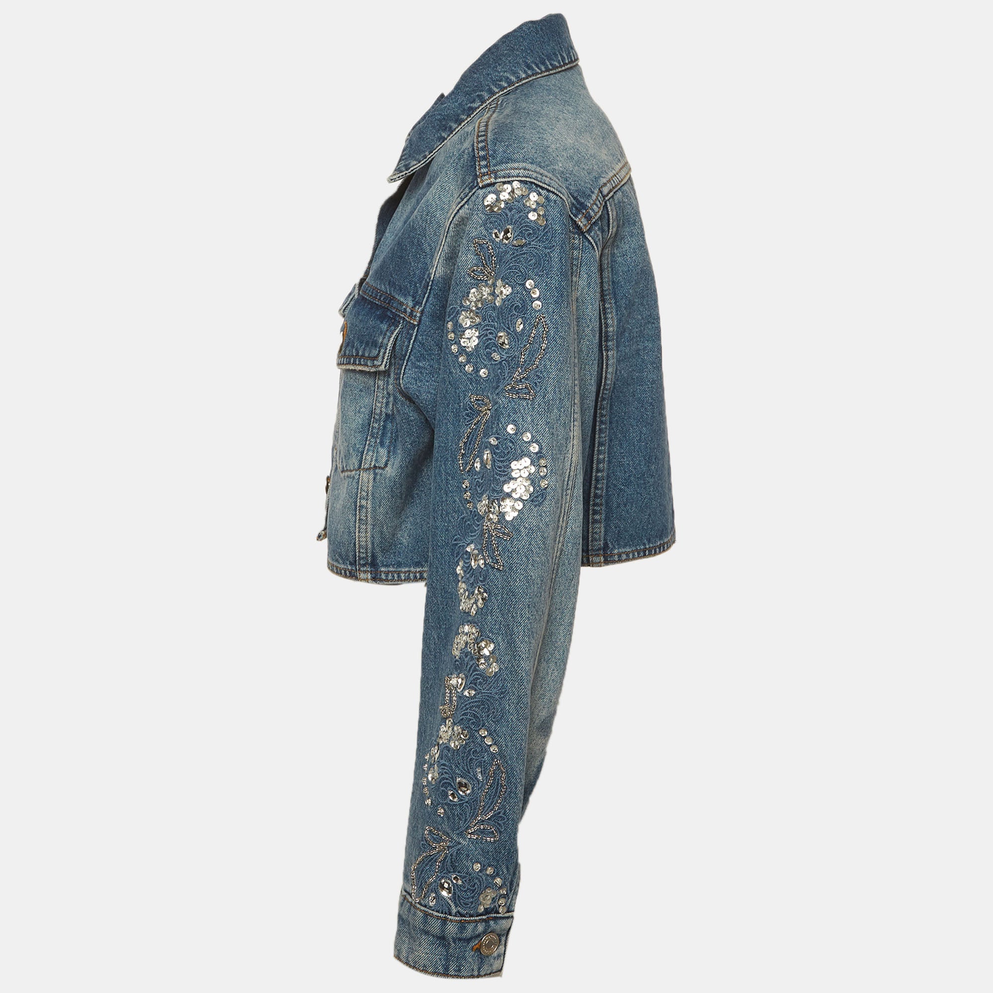 Maje Blue Denim Embellished Cropped Jacket - Image 2