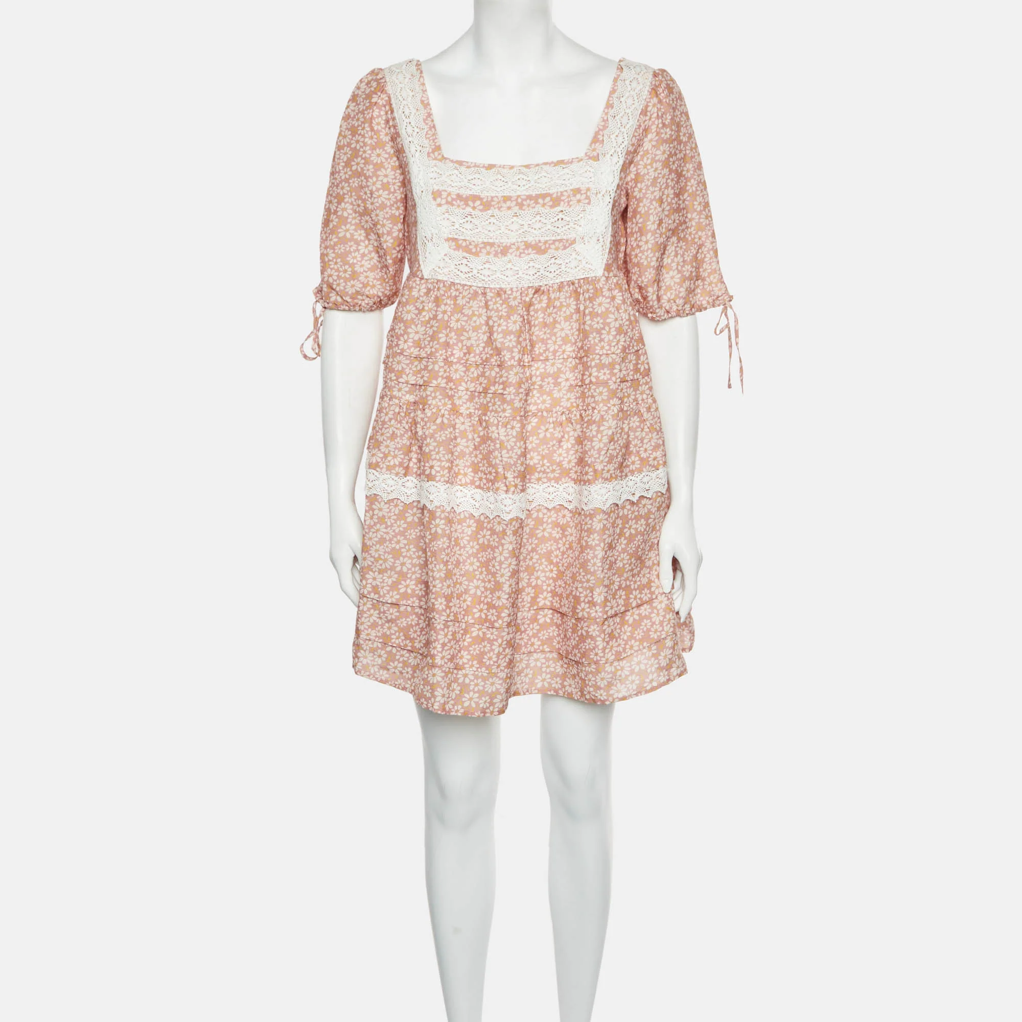 Maje Pink Floral Print Linen Blend Lace Trim Dress - Image 2