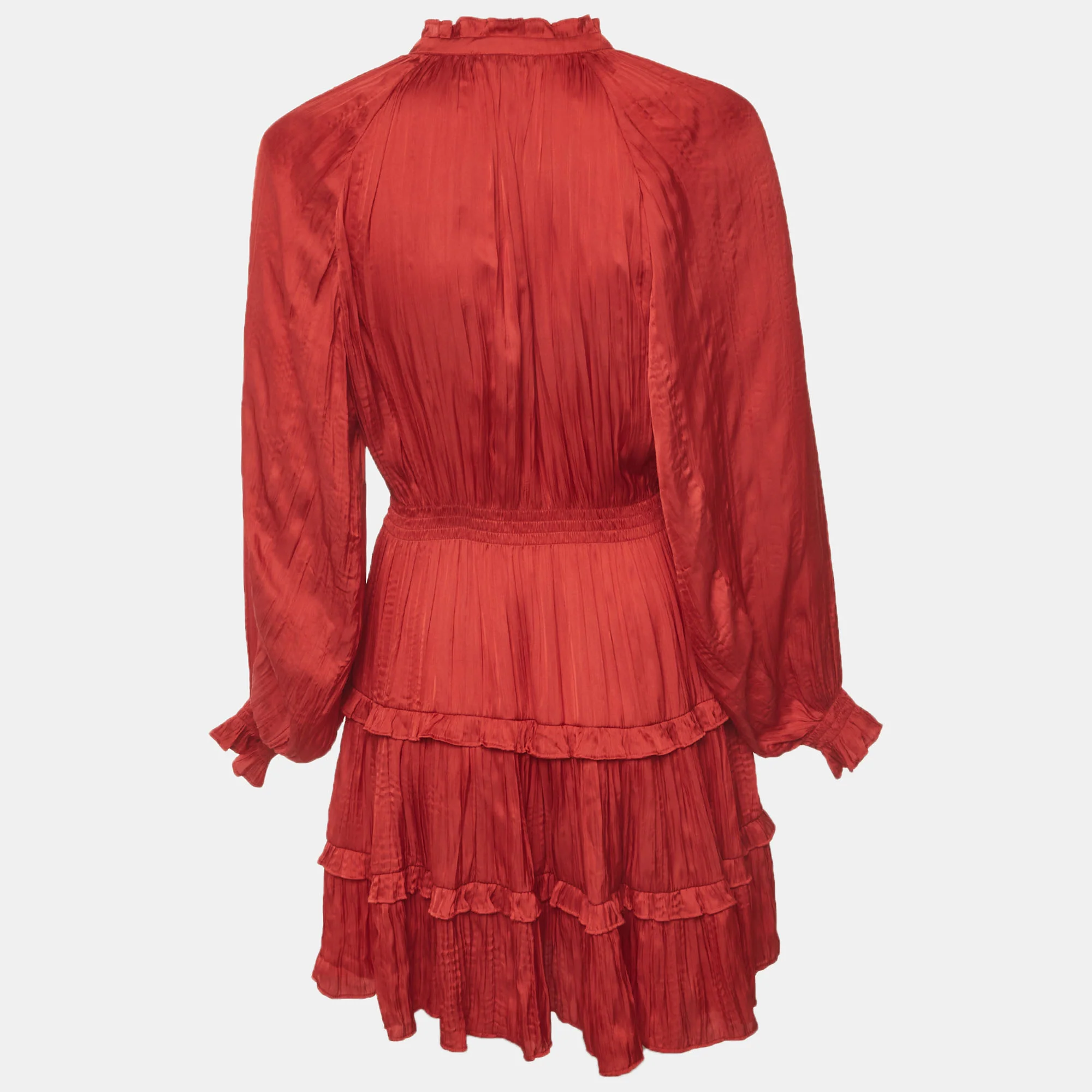 Maje Red Fluid Pleated Satin Ruffle Mini Dress - Image 3