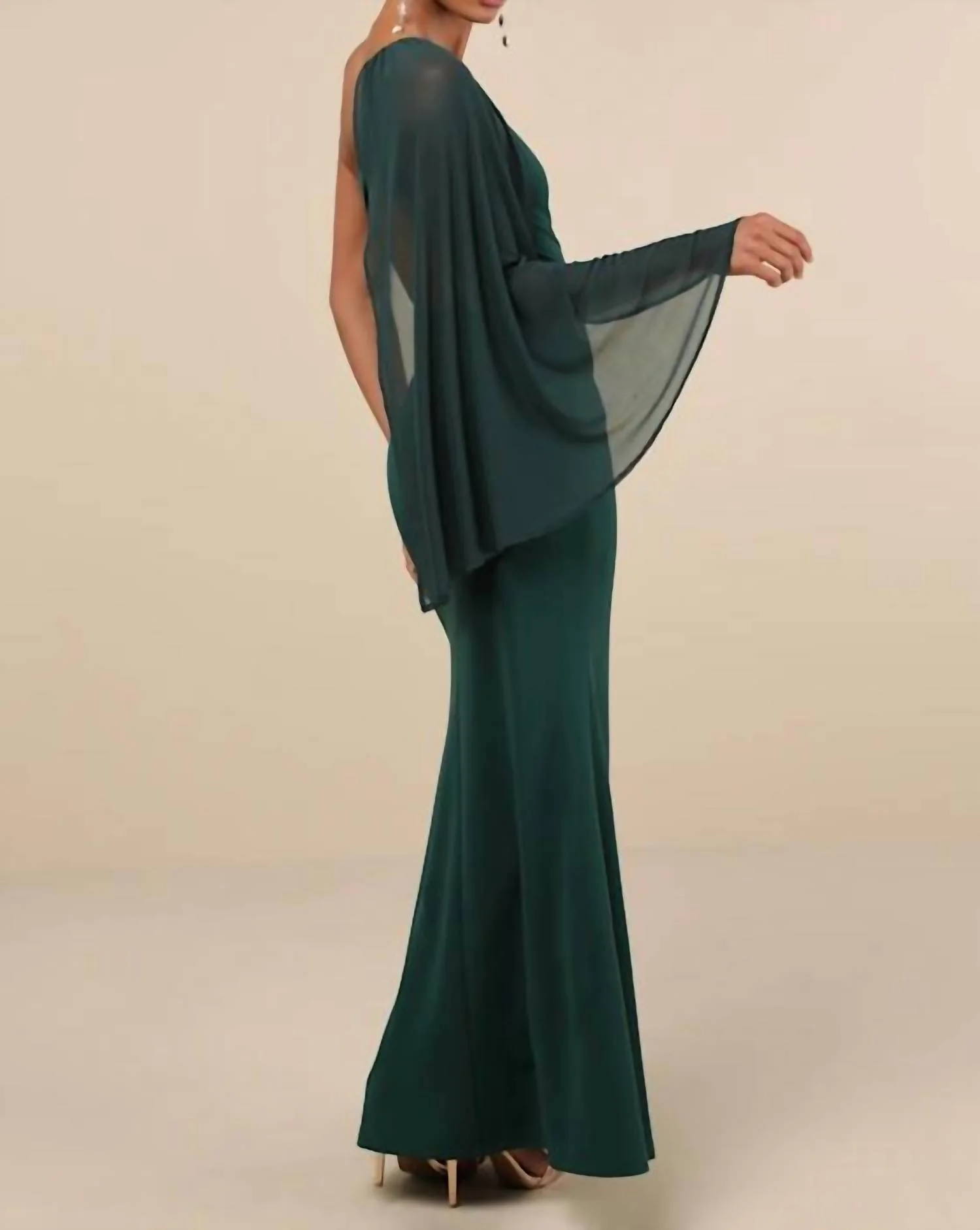 Majestic Attitude Cape Sleeve One-Shoulder Maxi Dress In Emerald - Image 2