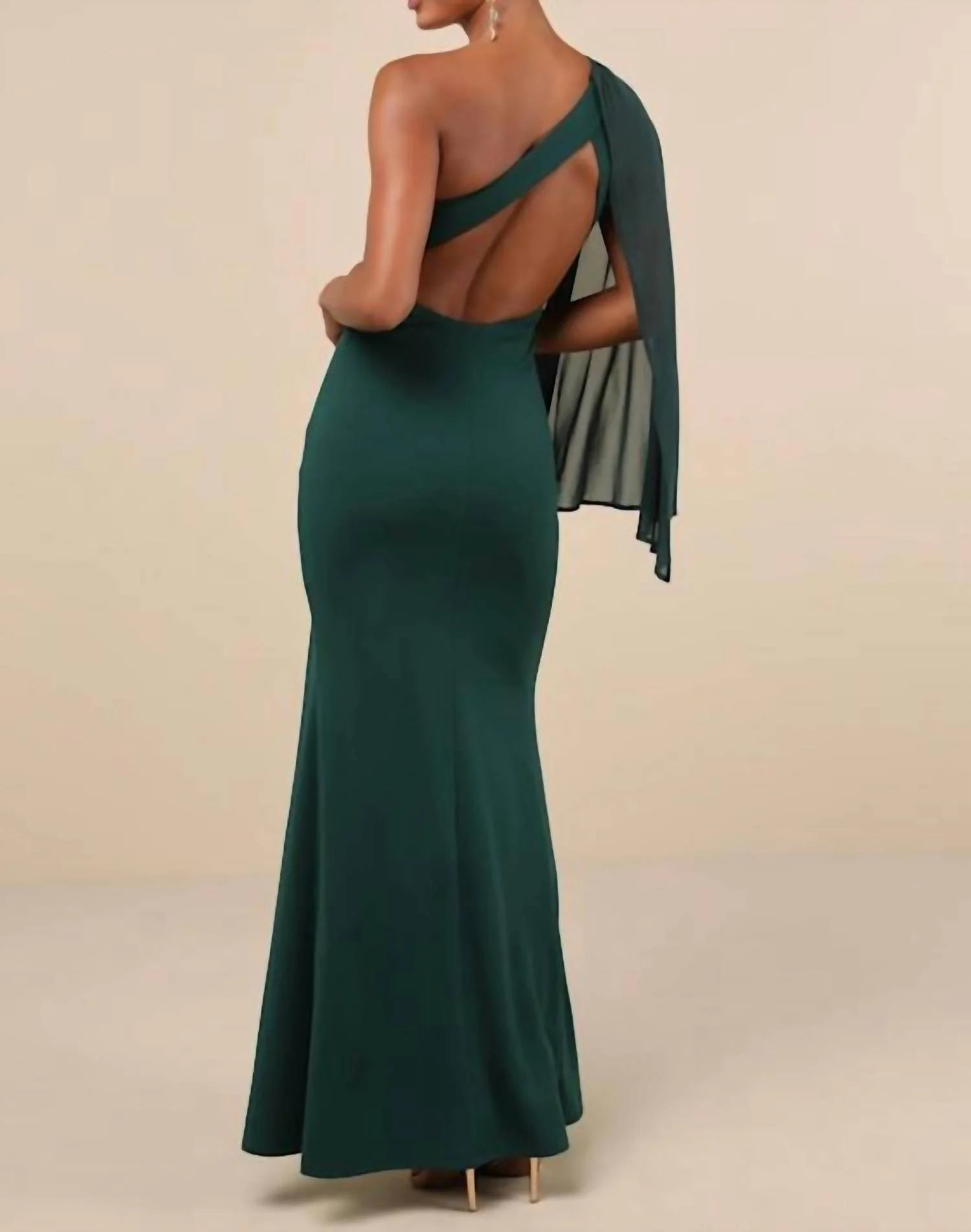 Majestic Attitude Cape Sleeve One-Shoulder Maxi Dress In Emerald - Image 3