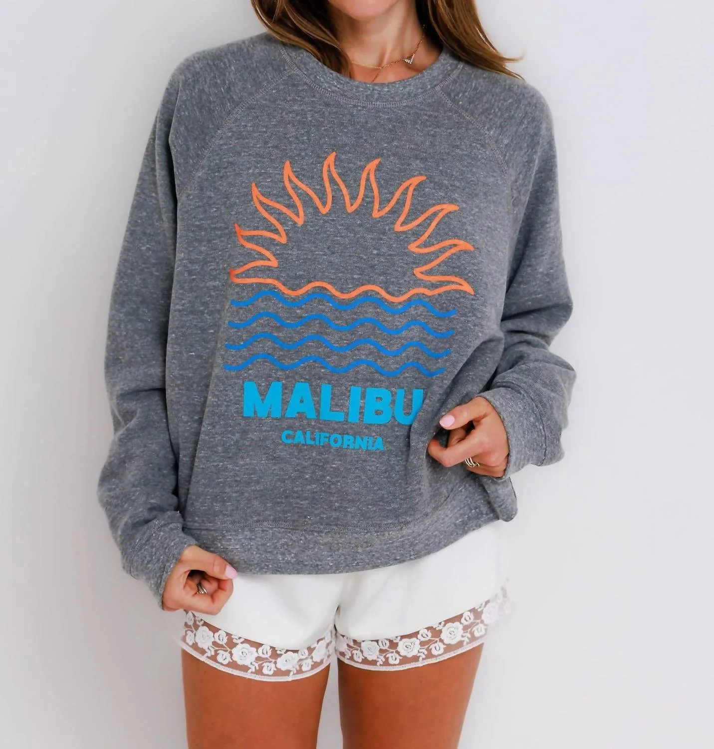 Malibu Sunrise Raglan Crewneck Sweatshirt In Heather Grey - Image 2