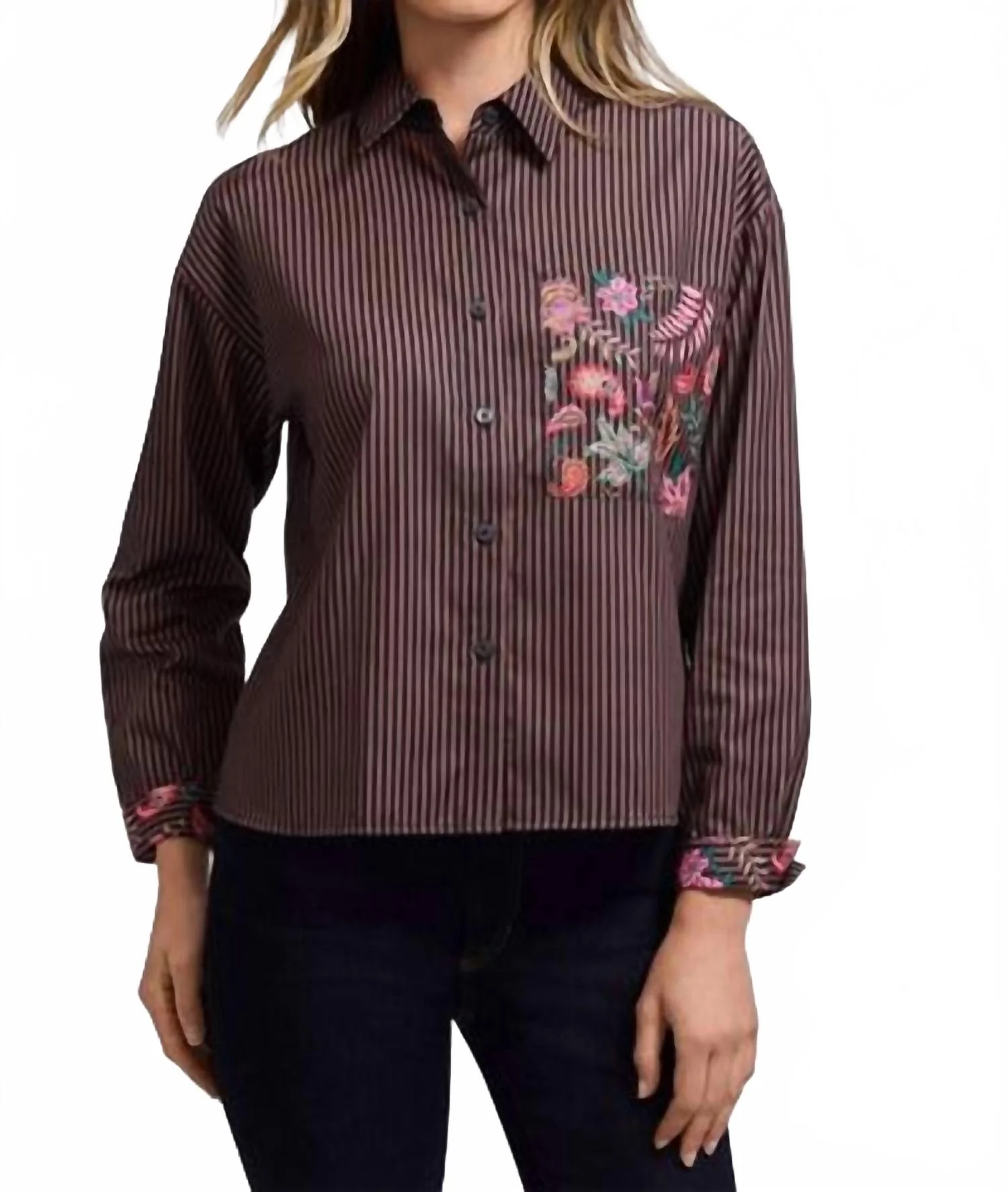 Marina Floral Stripe Long Sleeve Short Shirt In Brown