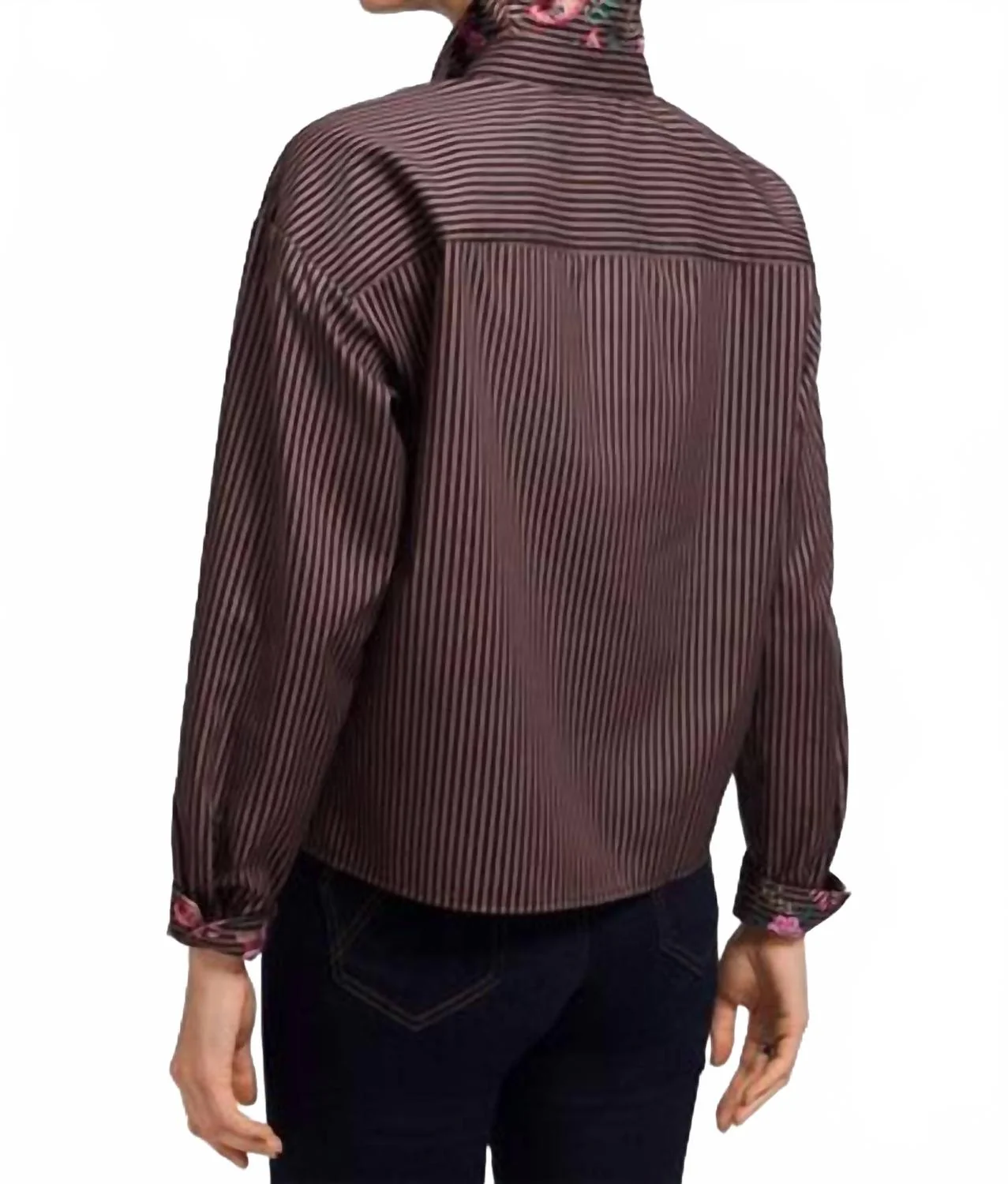 Marina Floral Stripe Long Sleeve Short Shirt In Brown - Image 2